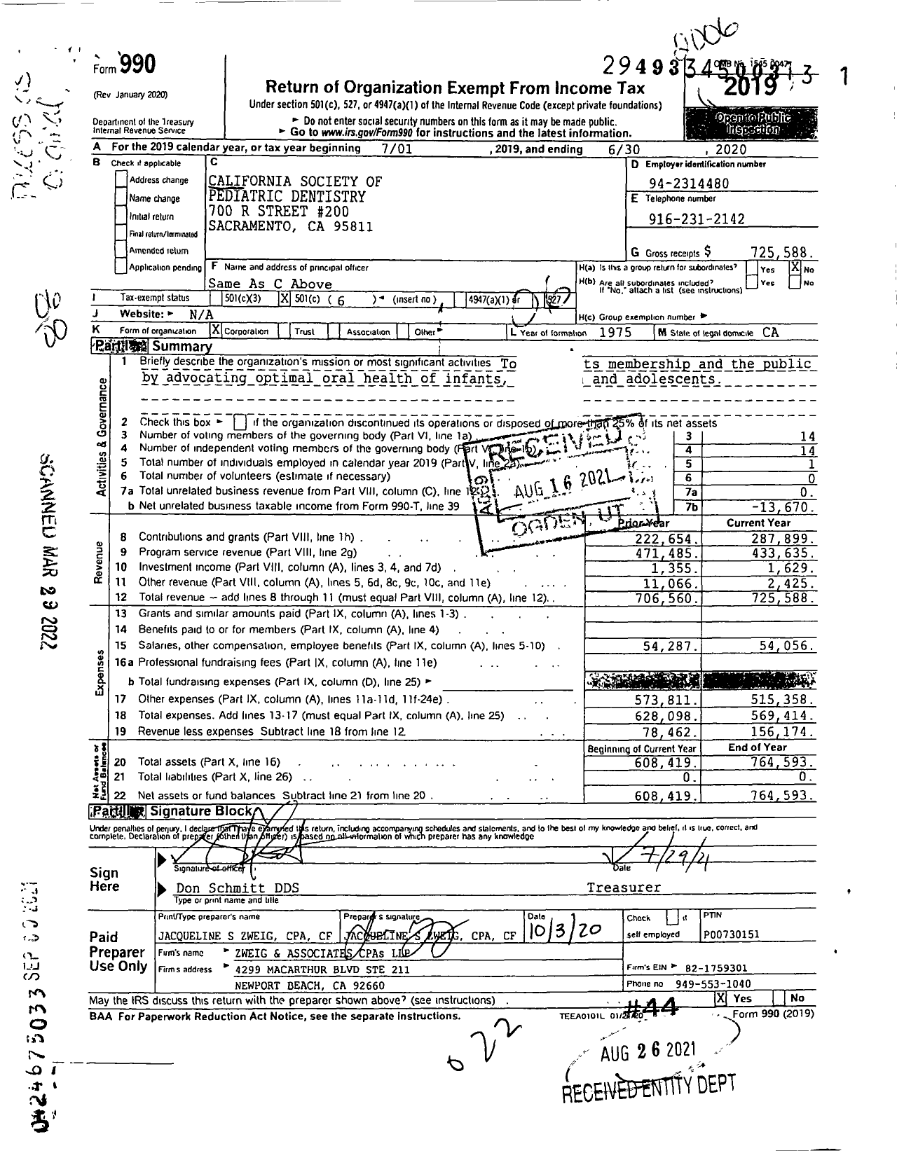 Image of first page of 2019 Form 990O for California Society of Pediatric Dentistry