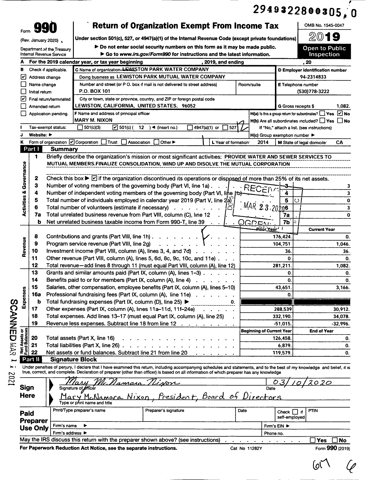 Image of first page of 2019 Form 990O for Lewiston Park Water Company Lewiston Park Mutual Water Company