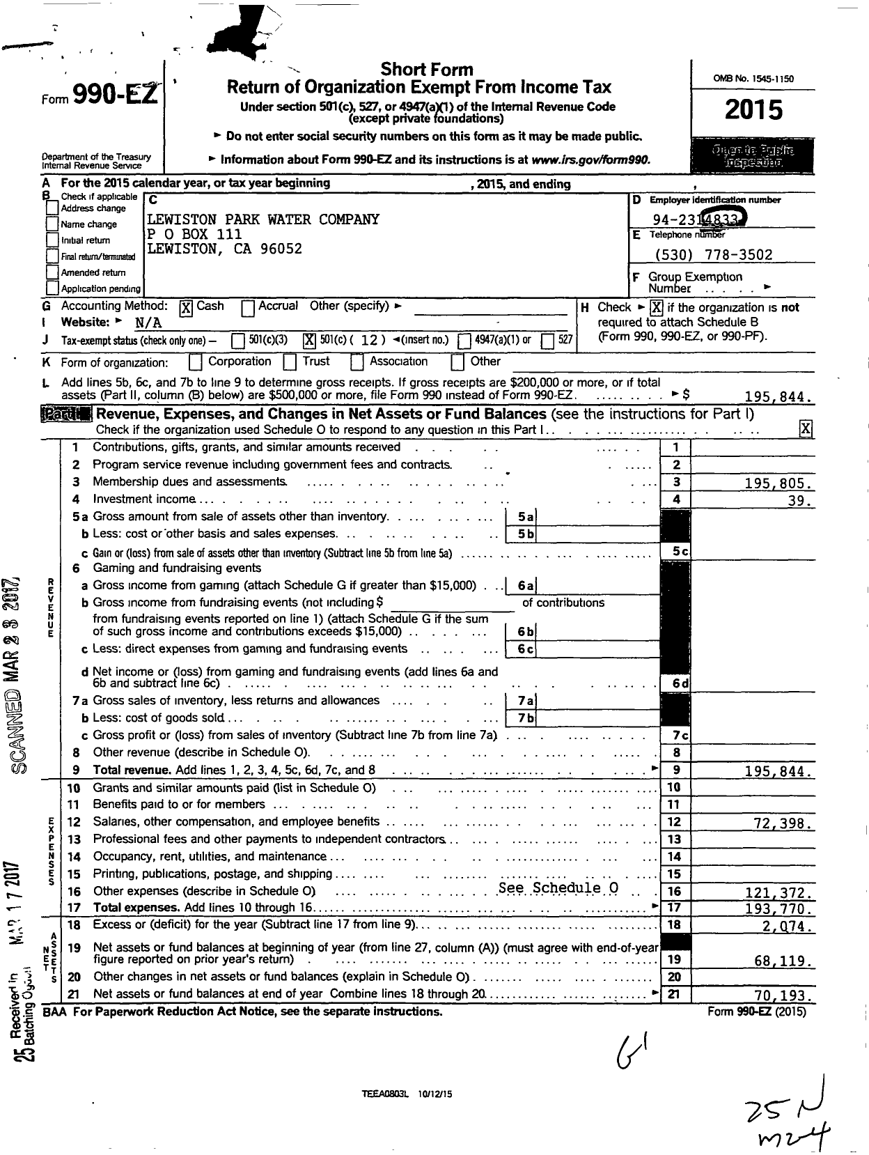 Image of first page of 2015 Form 990EO for Lewiston Park Water Company Lewiston Park Mutual Water Company