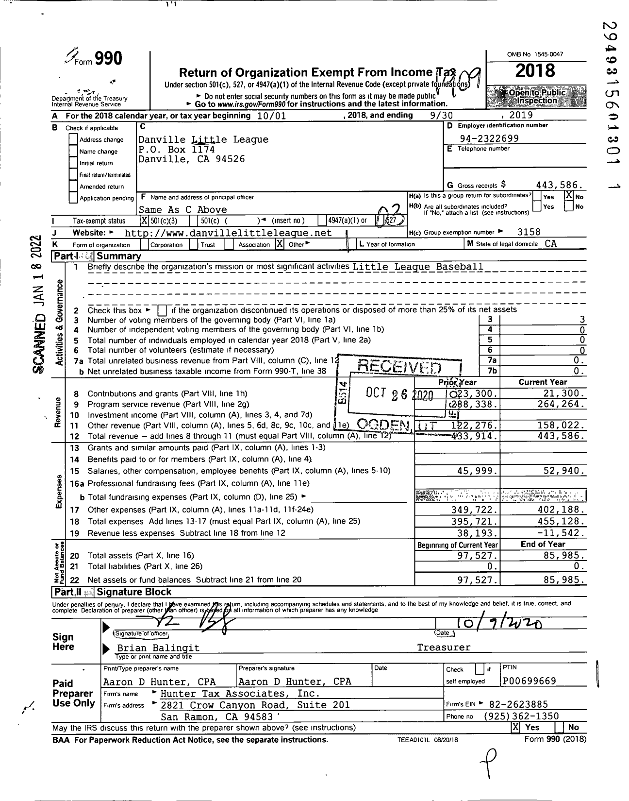 Image of first page of 2018 Form 990 for Little League Baseball - 4055709 Danville LL