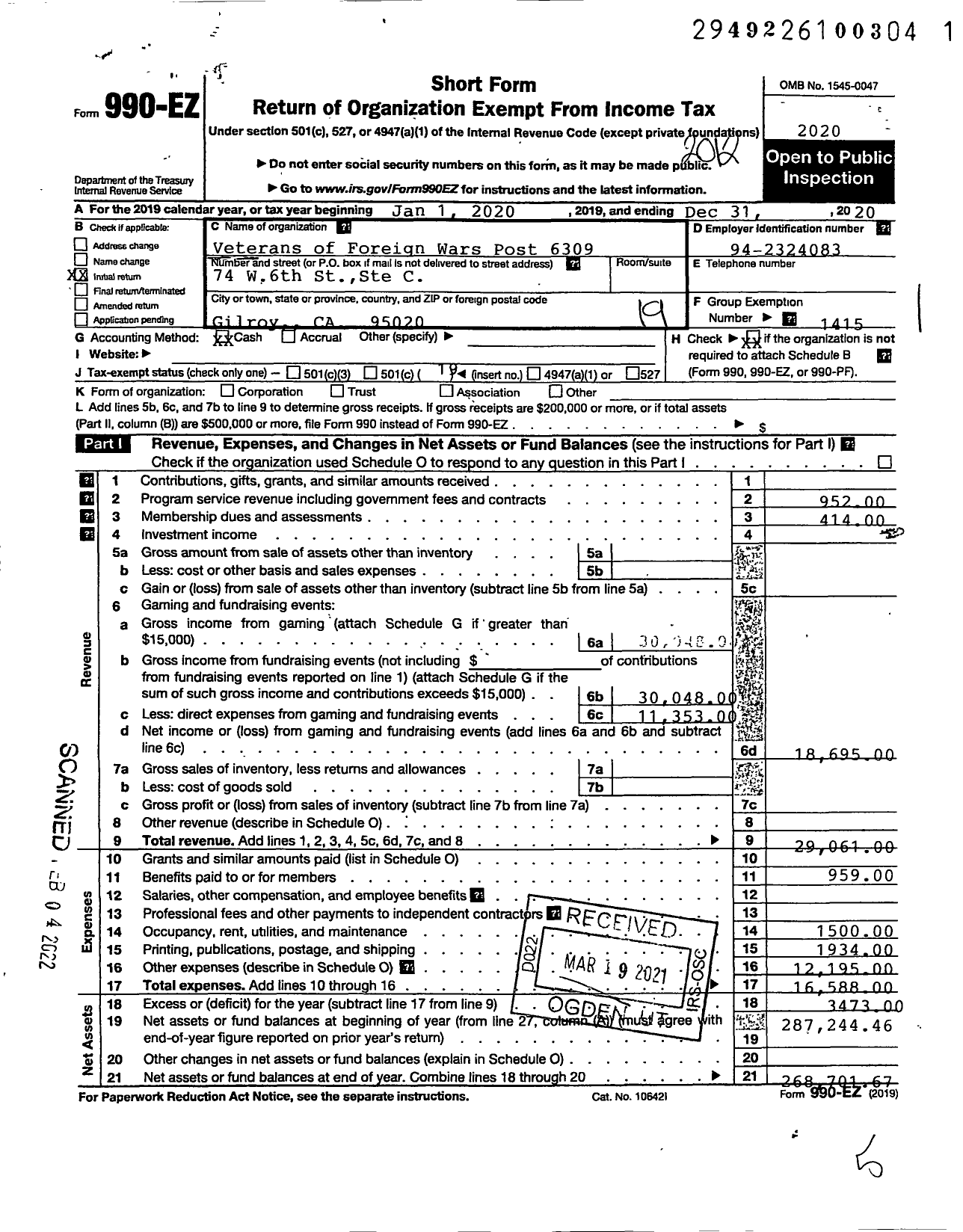 Image of first page of 2020 Form 990EO for VFW California Department - 6309 John A Berri