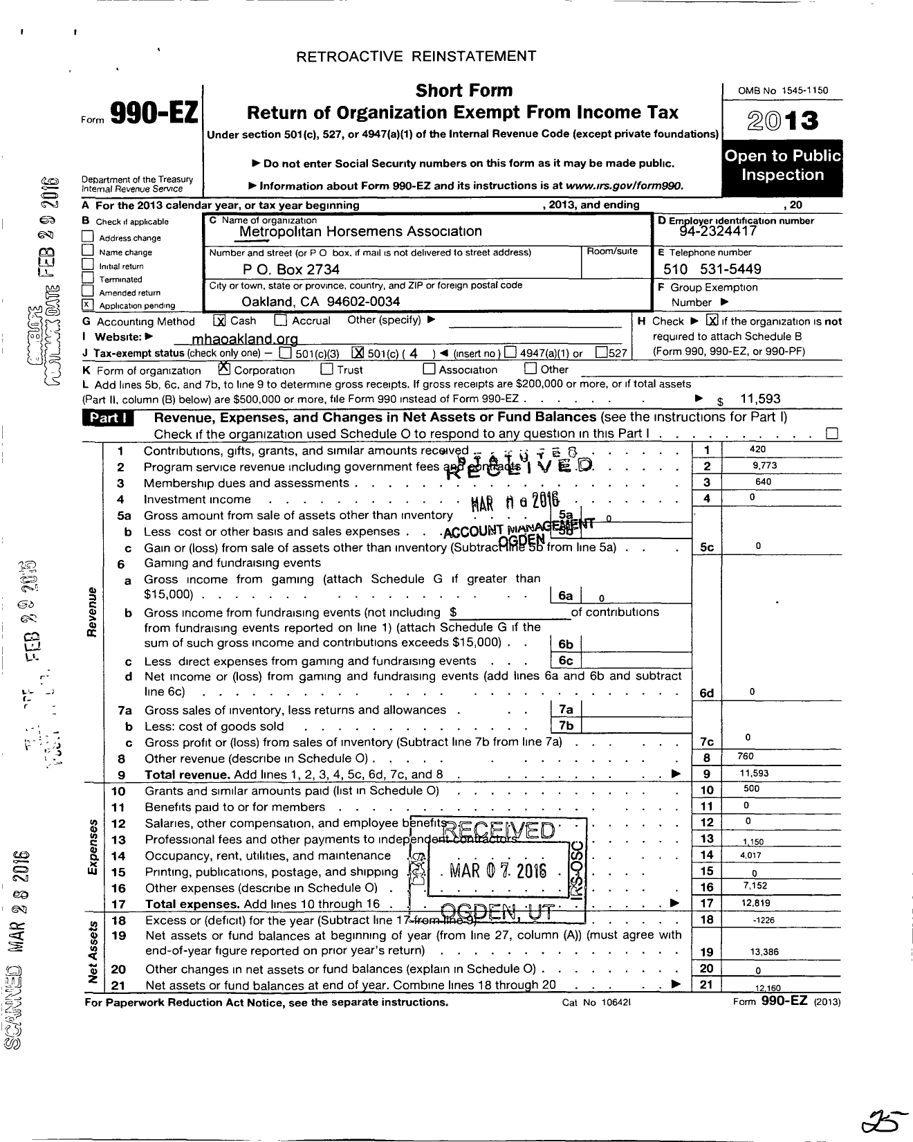 Image of first page of 2013 Form 990EO for Metropolitan Horsemans Association