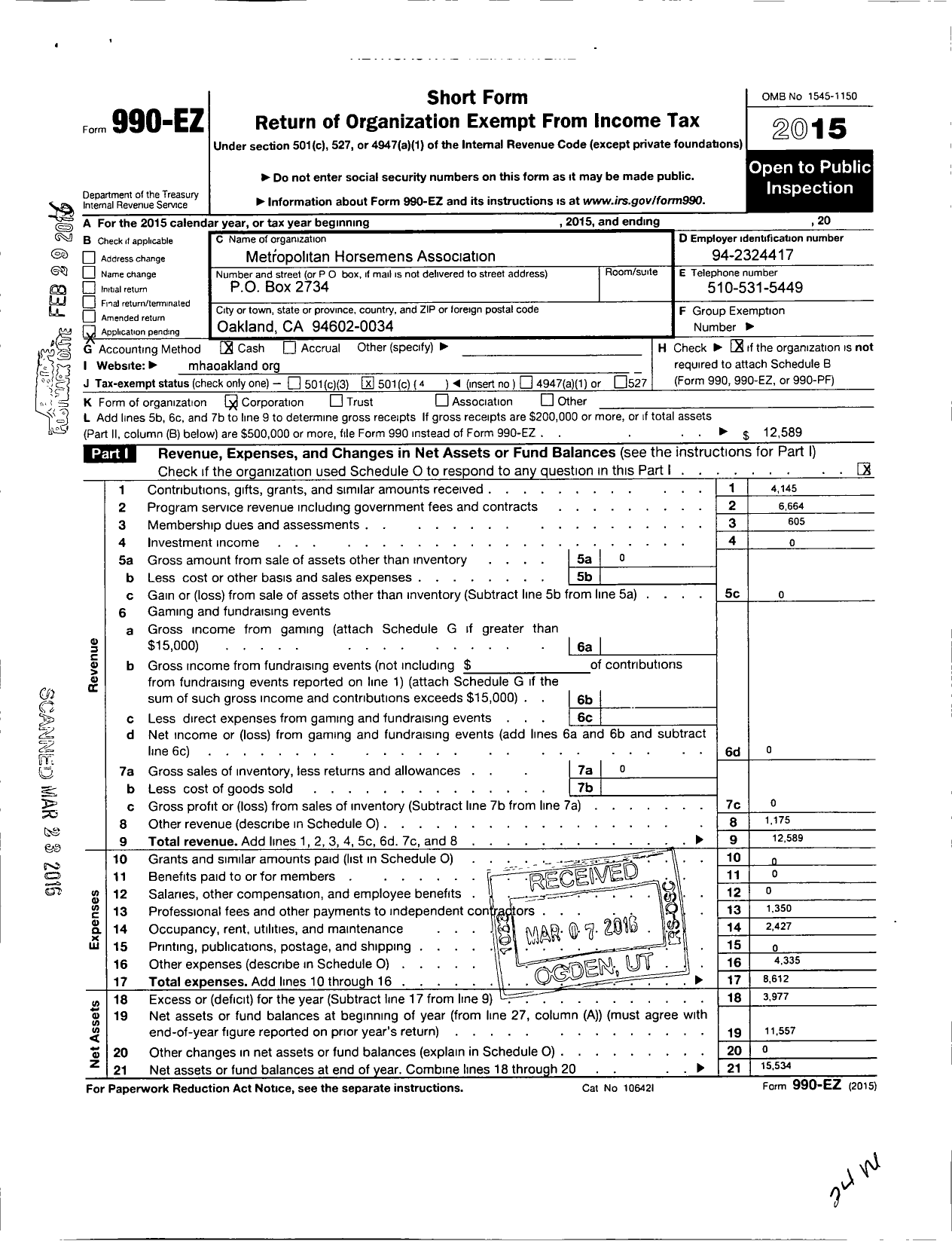 Image of first page of 2015 Form 990EO for Metropolitan Horsemans Association