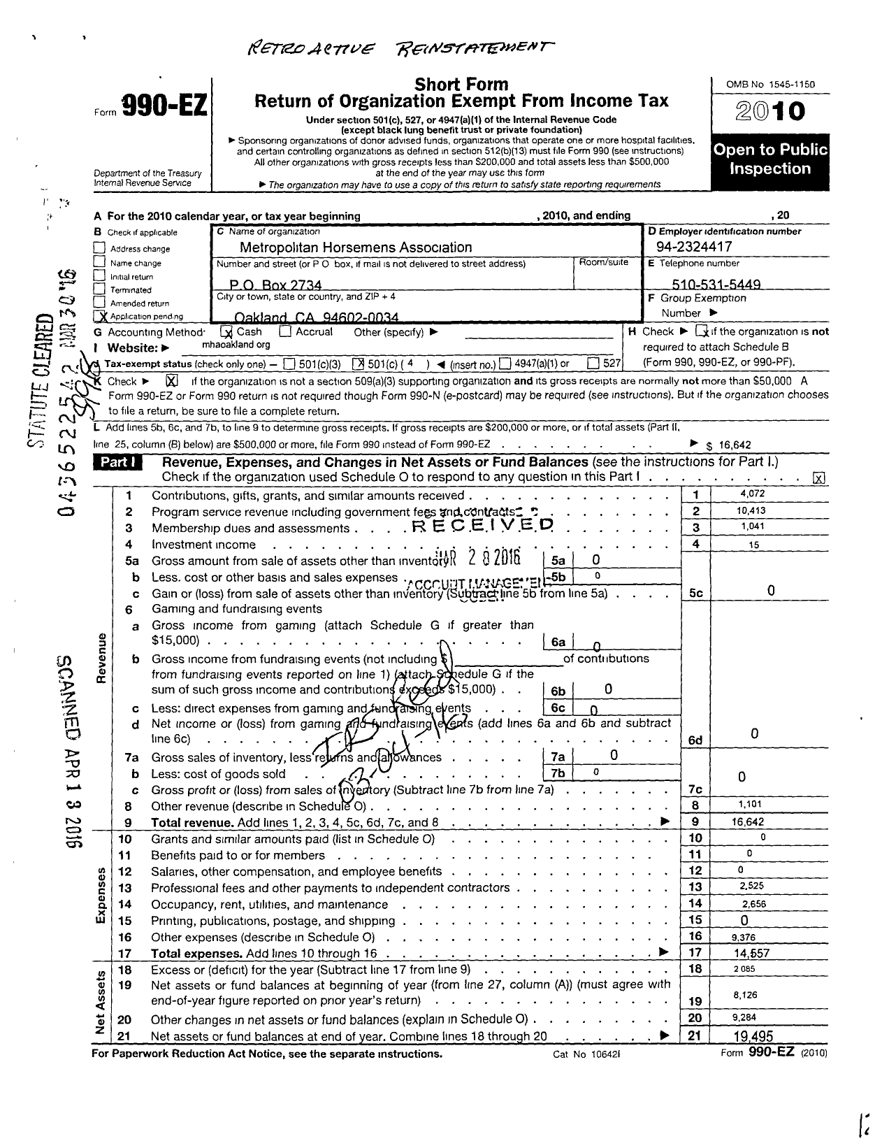 Image of first page of 2010 Form 990EO for Metropolitan Horsemans Association