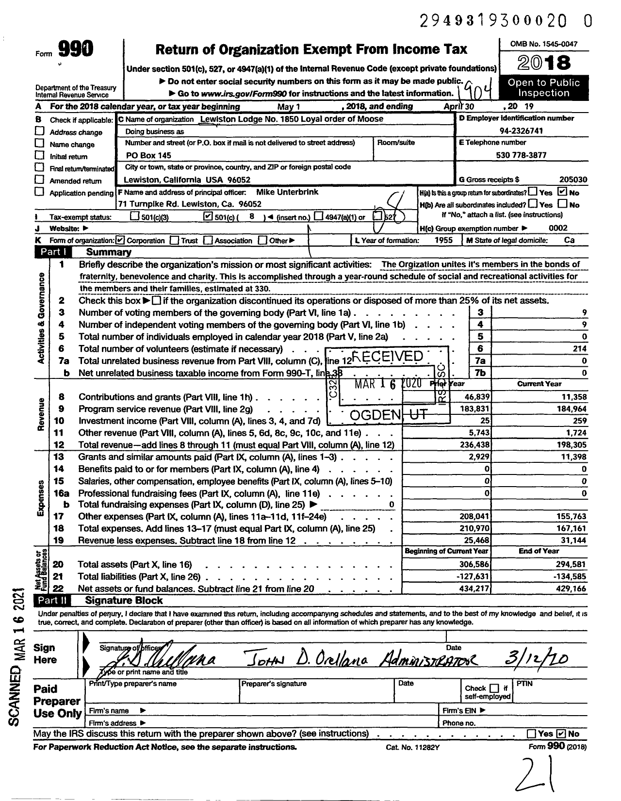 Image of first page of 2018 Form 990O for Loyal Order of Moose - 1850