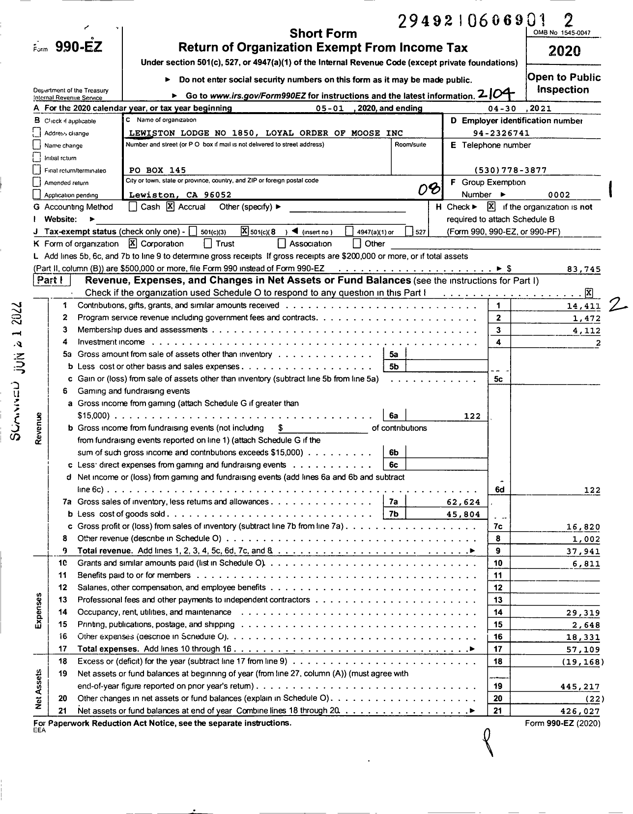 Image of first page of 2020 Form 990EO for Loyal Order of Moose - 1850