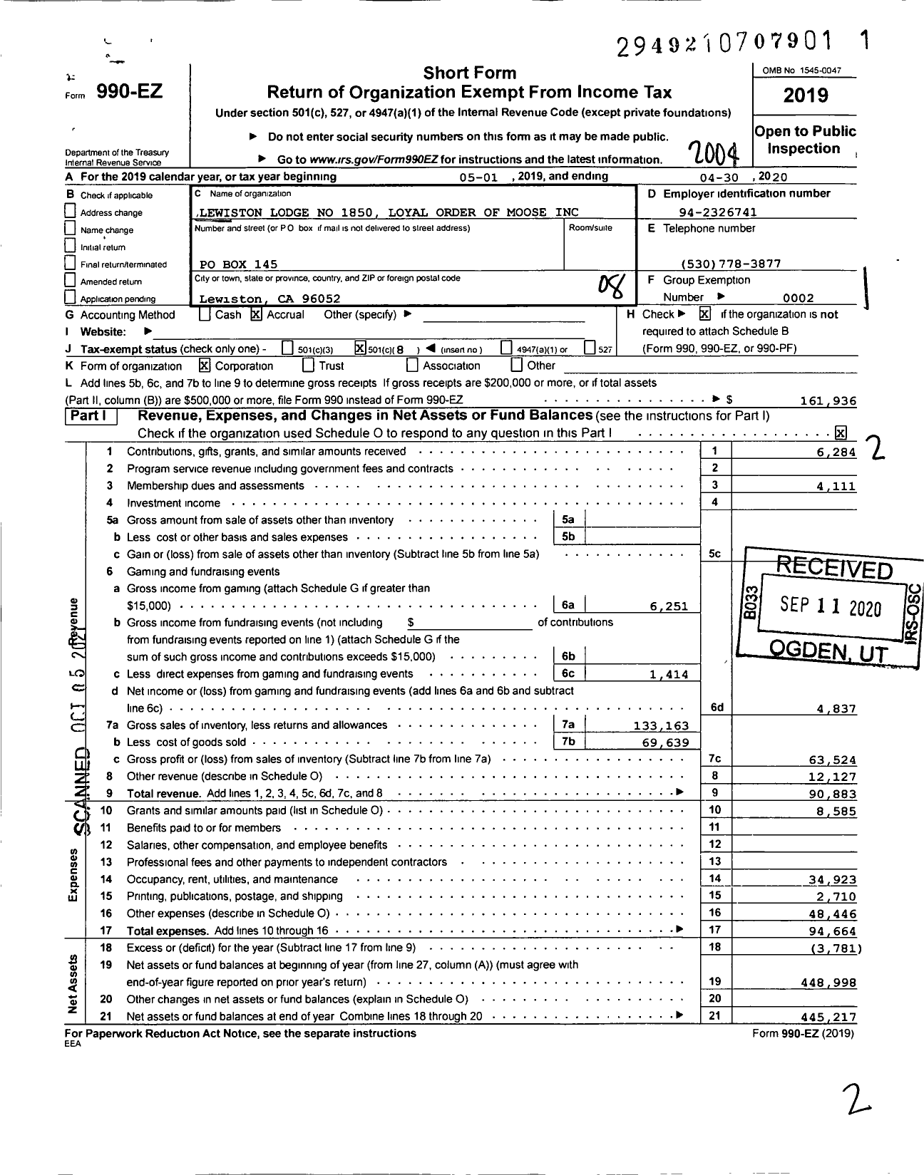 Image of first page of 2019 Form 990EO for Loyal Order of Moose - 1850