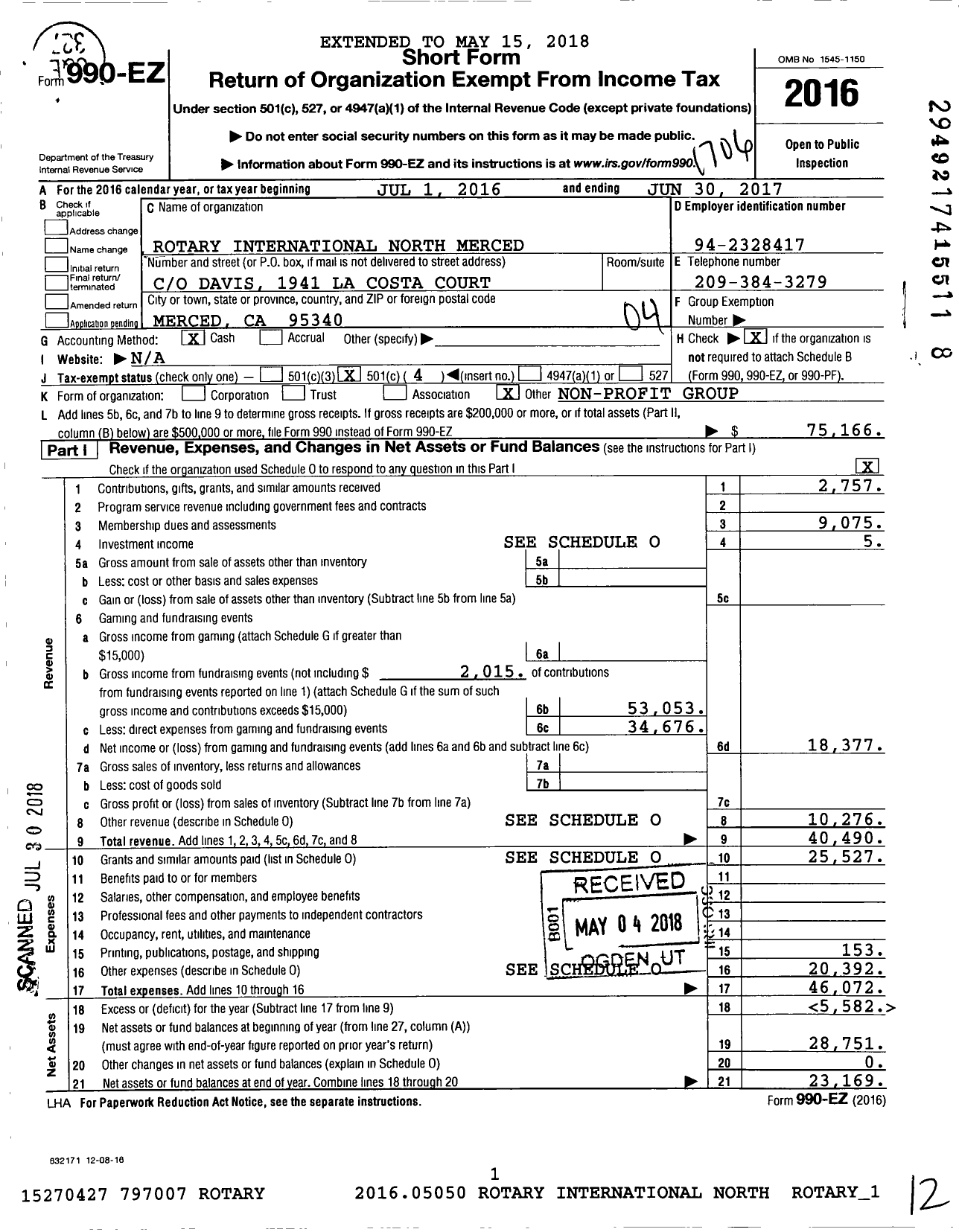 Image of first page of 2016 Form 990EO for Rotary International - North Merced Rotary Club