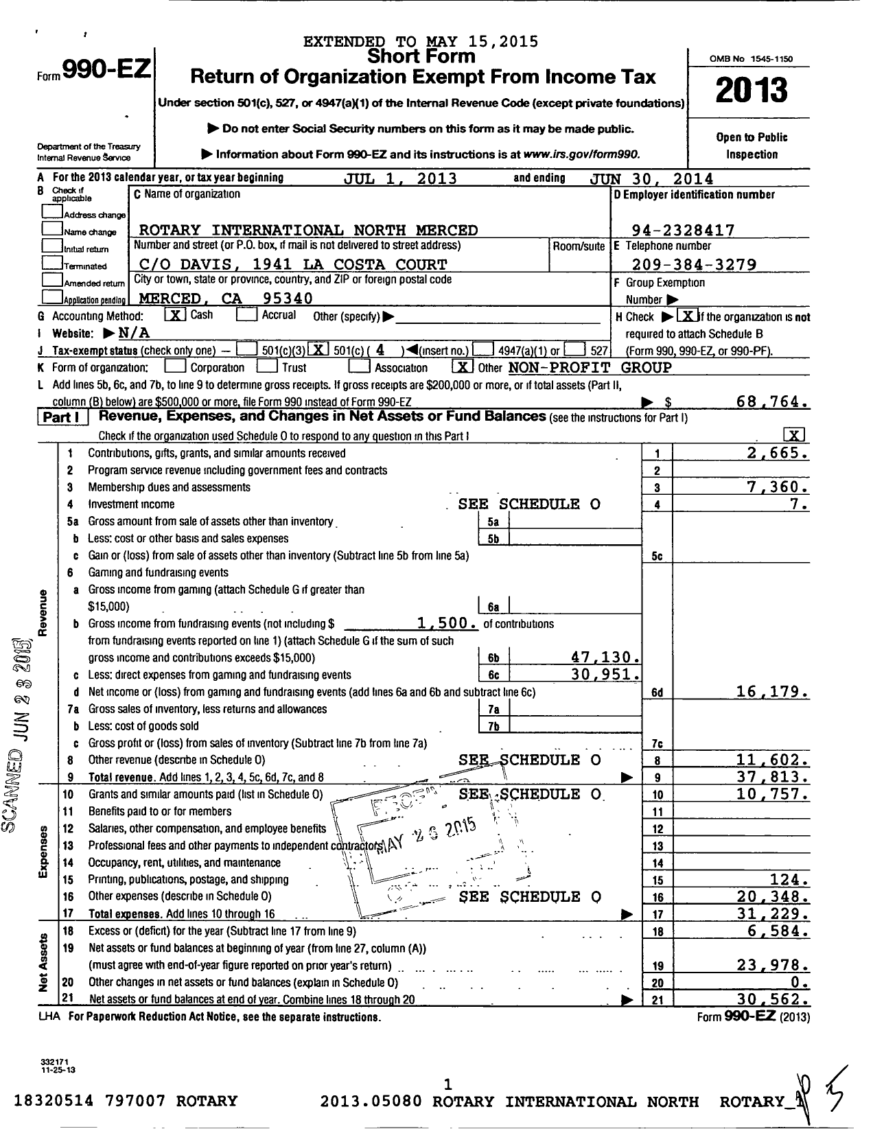 Image of first page of 2013 Form 990EO for Rotary International - North Merced Rotary Club