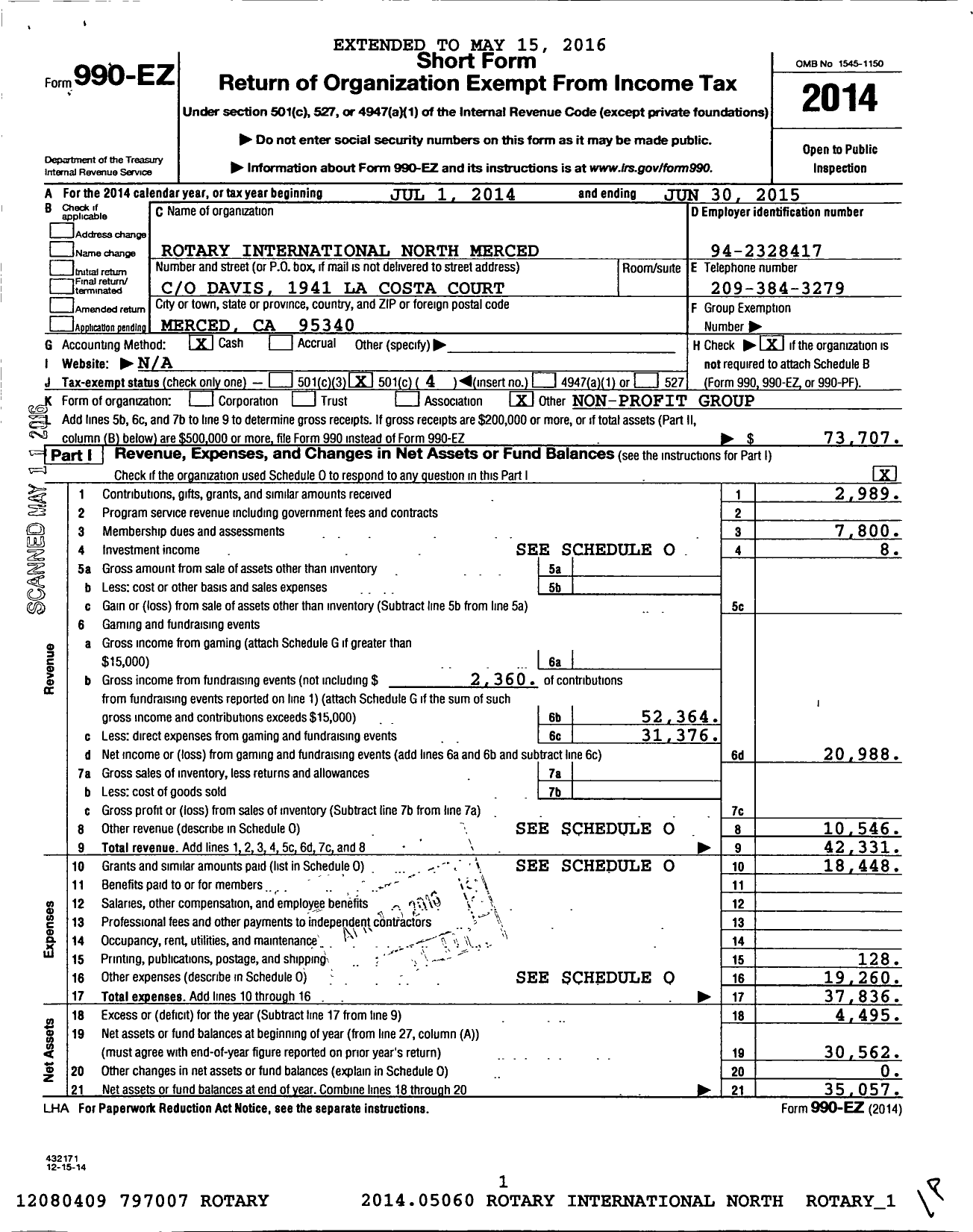 Image of first page of 2014 Form 990EO for Rotary International - North Merced Rotary Club