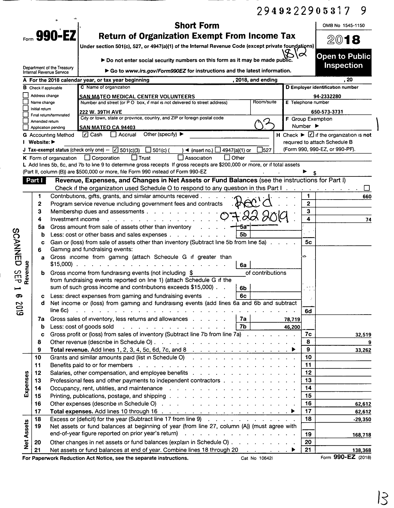 Image of first page of 2018 Form 990EZ for San Mateo Medical Center Volunteers