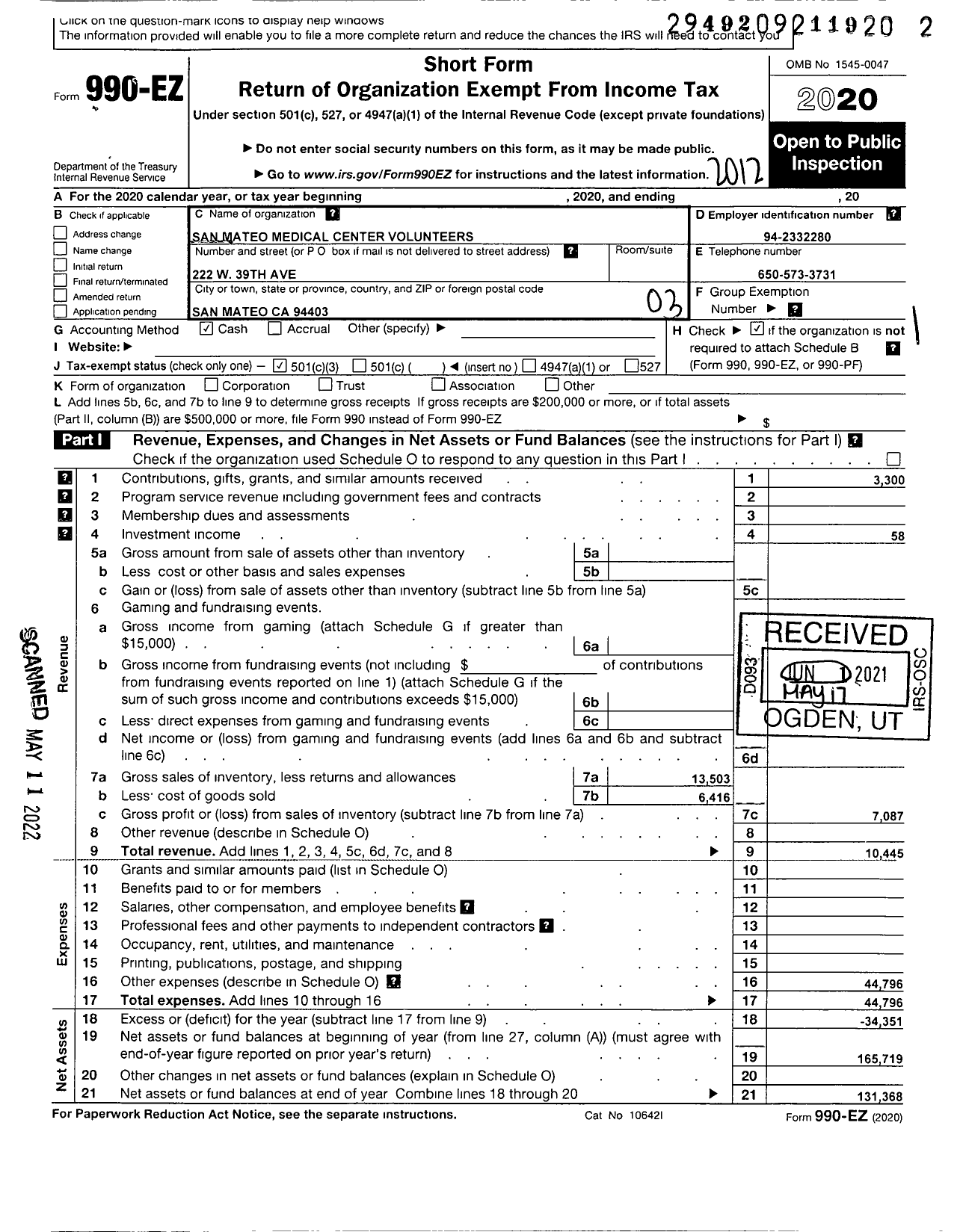 Image of first page of 2020 Form 990EZ for San Mateo Medical Center Volunteers