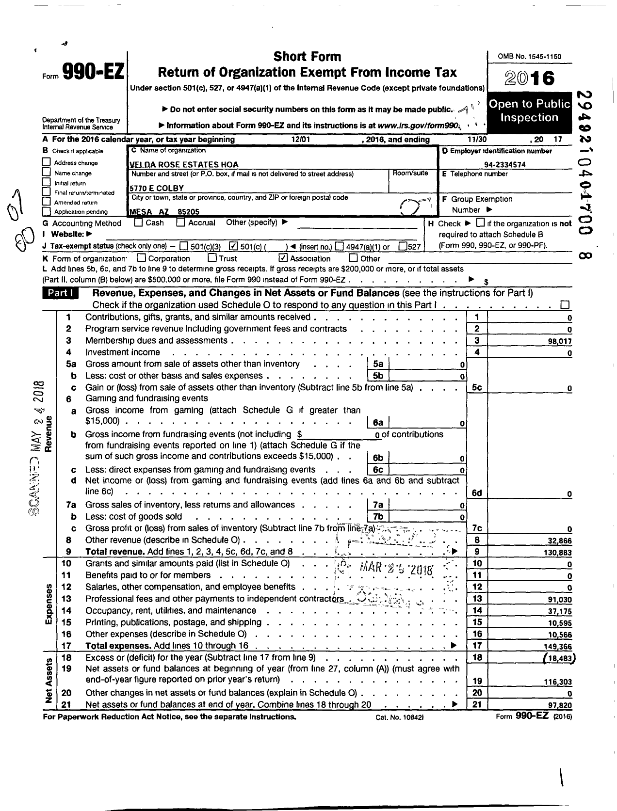 Image of first page of 2016 Form 990EO for Velda Rose Estates Hoa