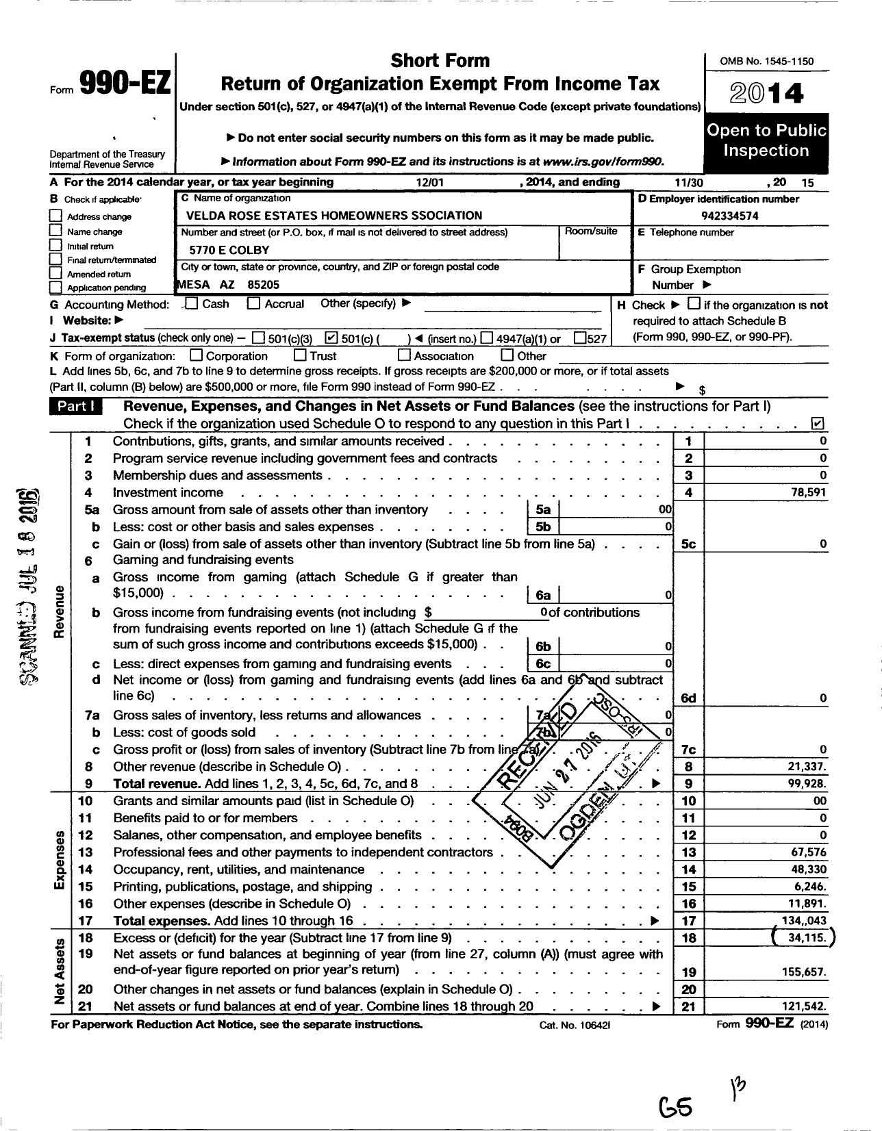 Image of first page of 2014 Form 990EO for Velda Rose Estates Hoa