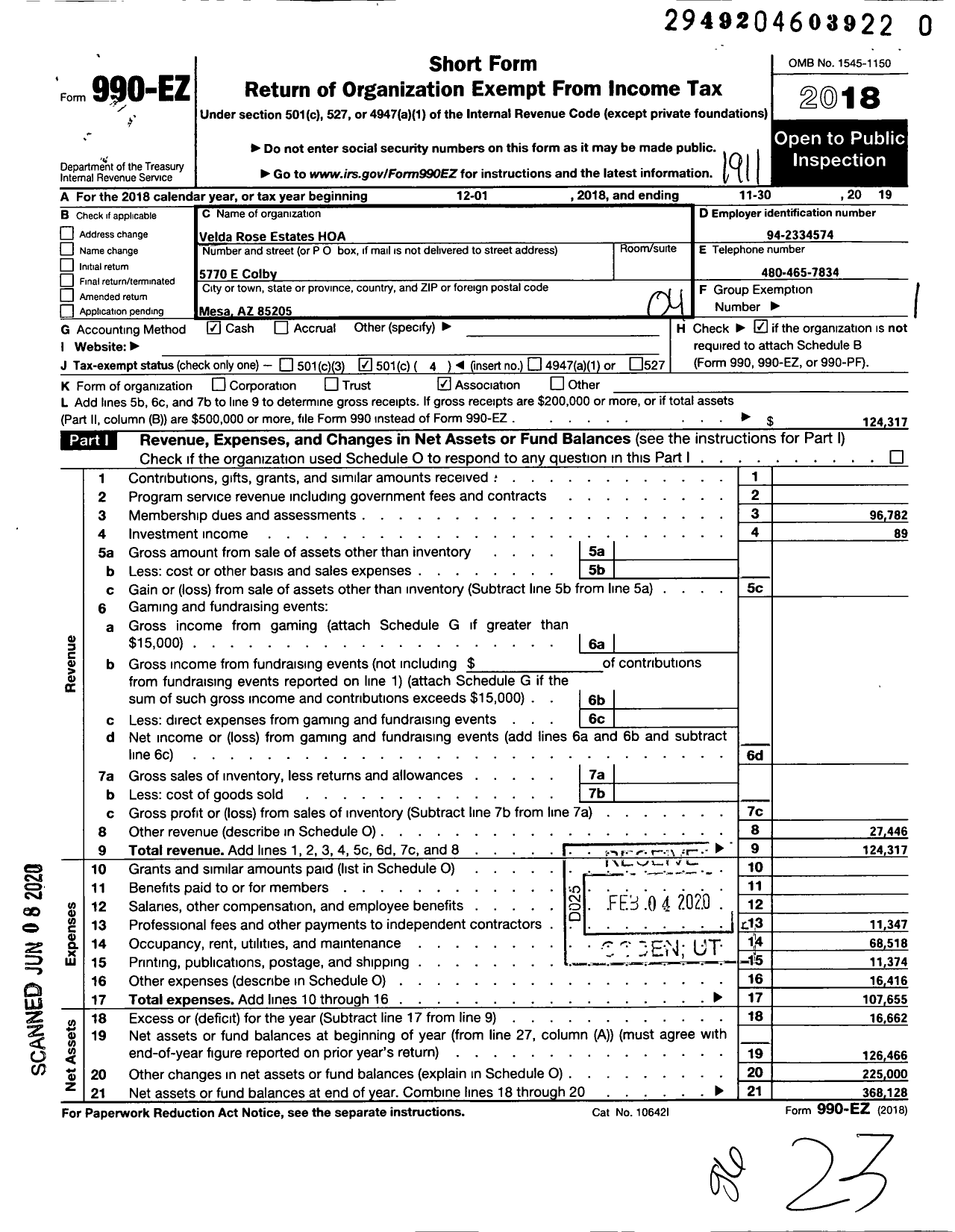 Image of first page of 2018 Form 990EO for Velda Rose Estates Hoa