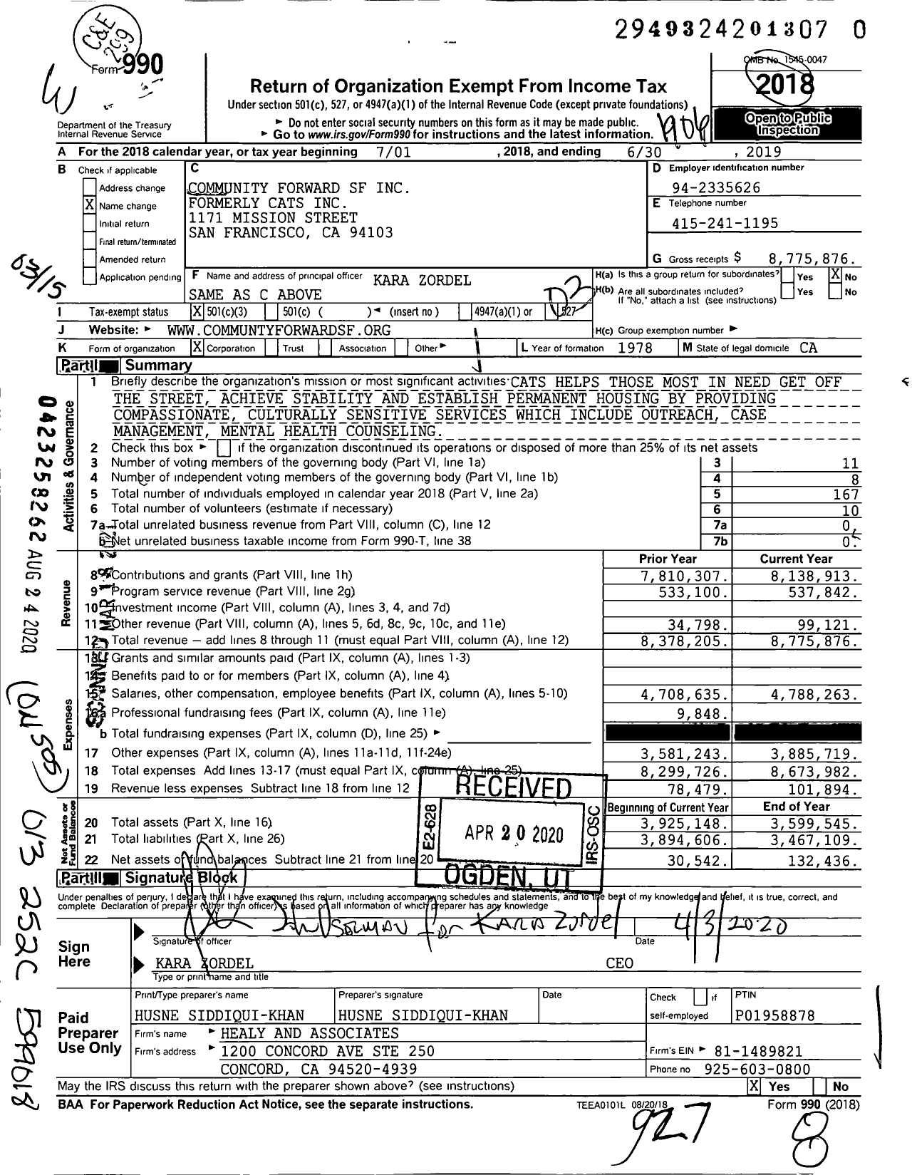 Image of first page of 2018 Form 990 for Community Forward SF (CATS)