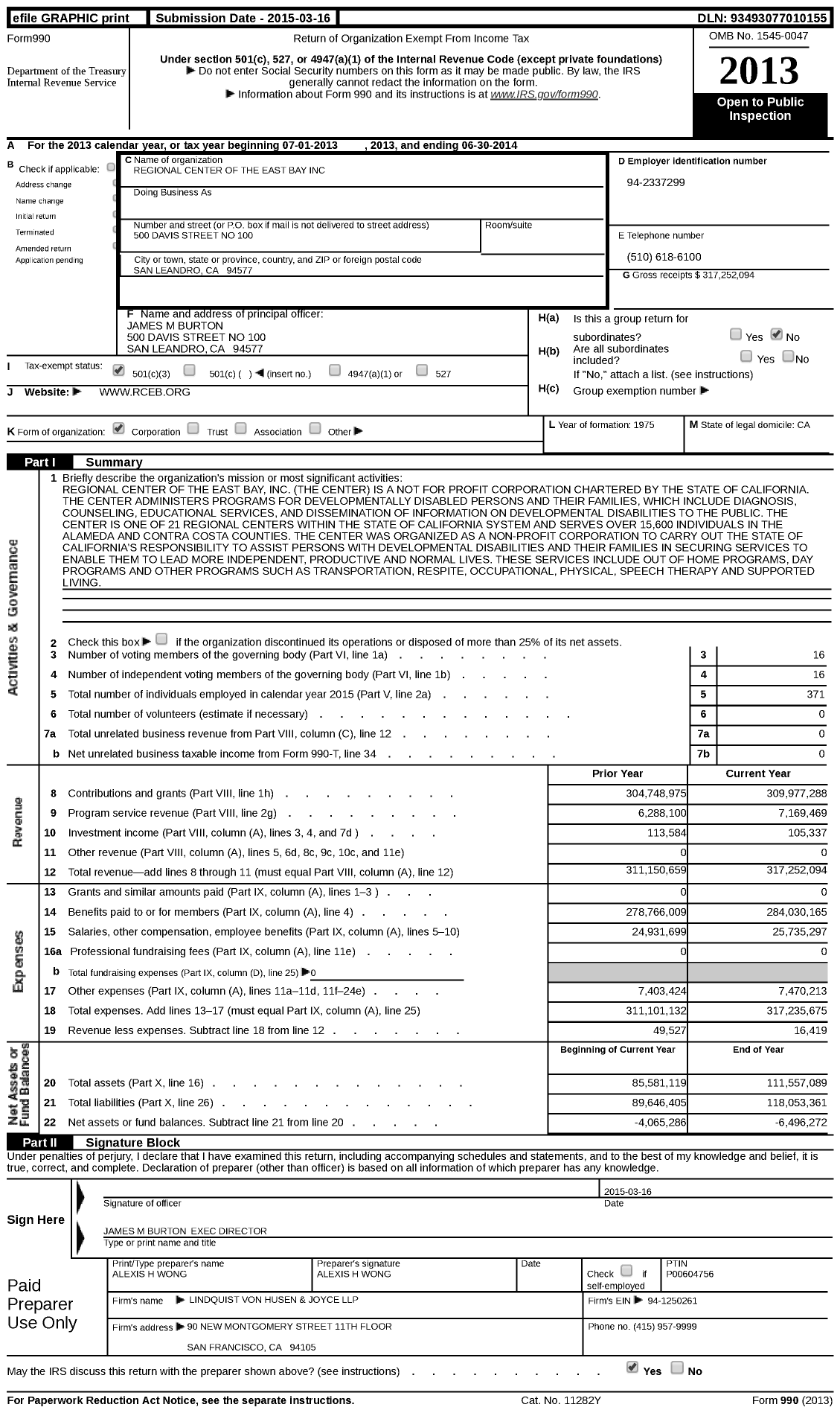 Image of first page of 2013 Form 990 for Regional Center of the East Bay (RCEB)