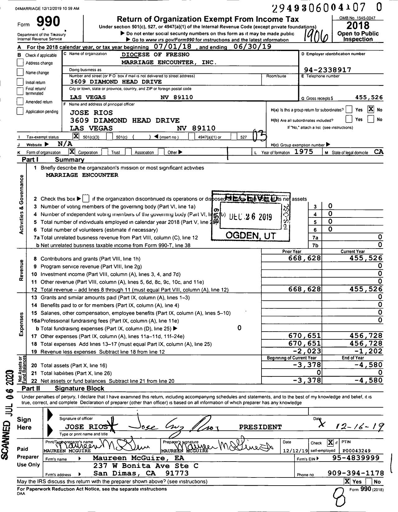 Image of first page of 2018 Form 990 for Diocese of Fresno Marriage Encounter