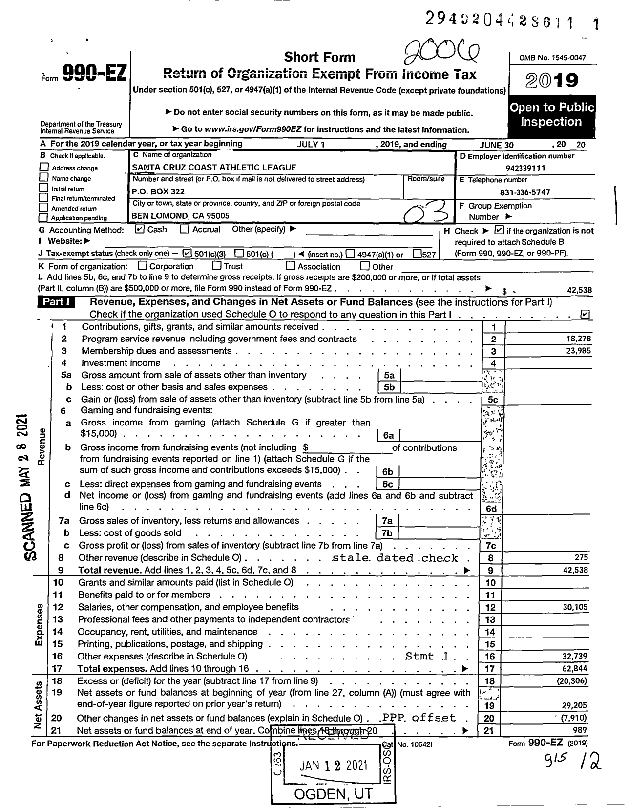 Image of first page of 2019 Form 990EZ for Santa Cruz Coast Athletic League