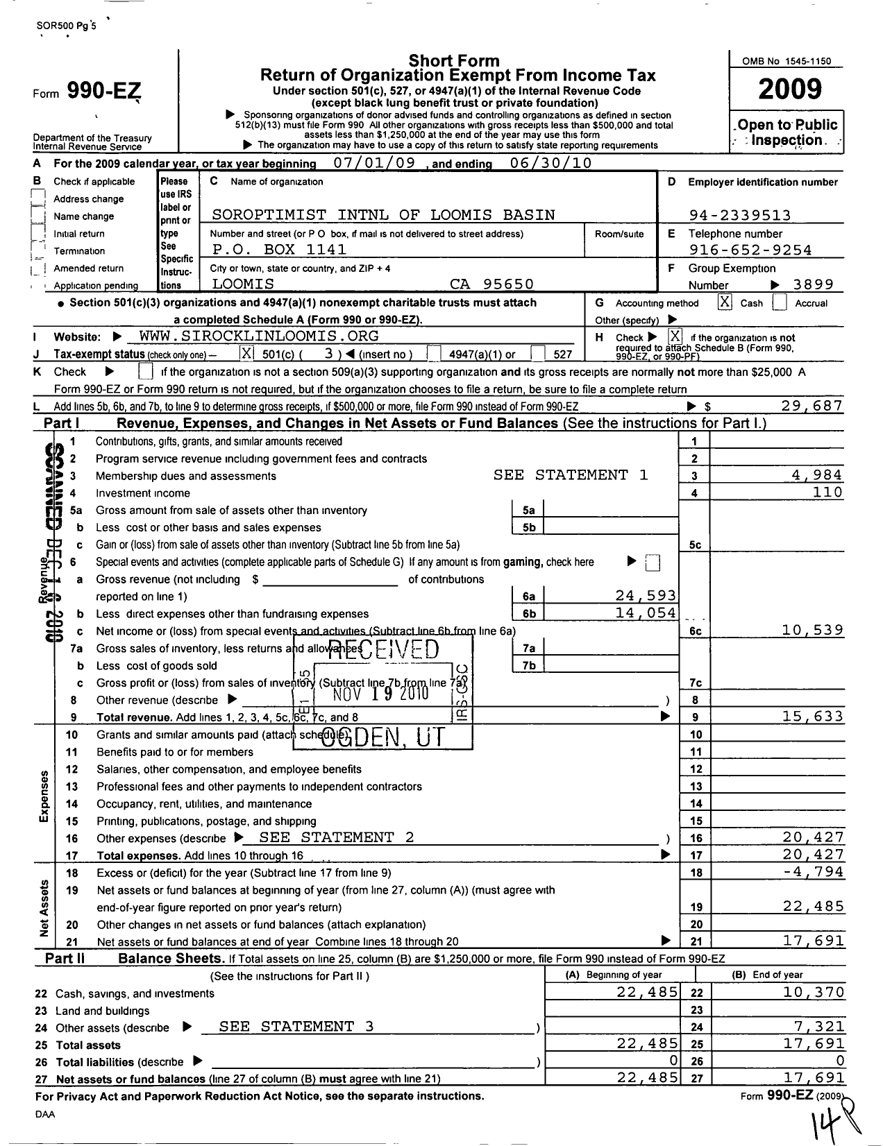 Image of first page of 2009 Form 990EZ for Soroptimist International of the Americas - 116708 Loomis Basin Ca