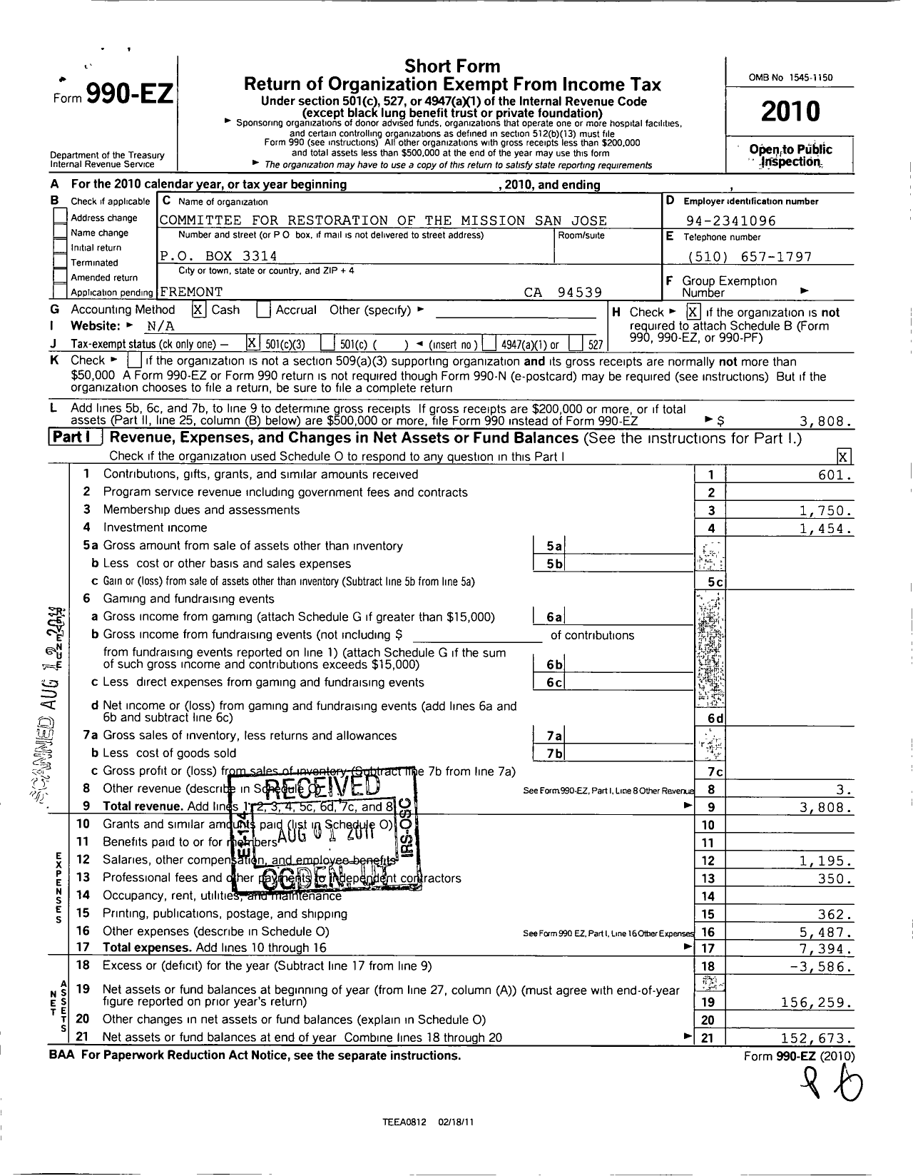 Image of first page of 2010 Form 990EZ for Committee for the Restoration of the Mission San Jose