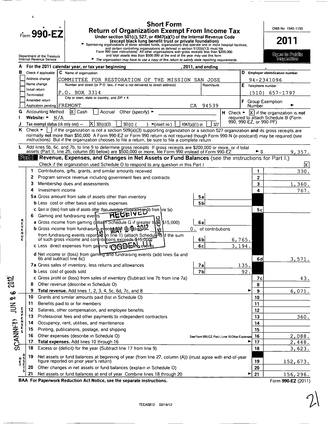 Image of first page of 2011 Form 990EZ for Committee for the Restoration of the Mission San Jose