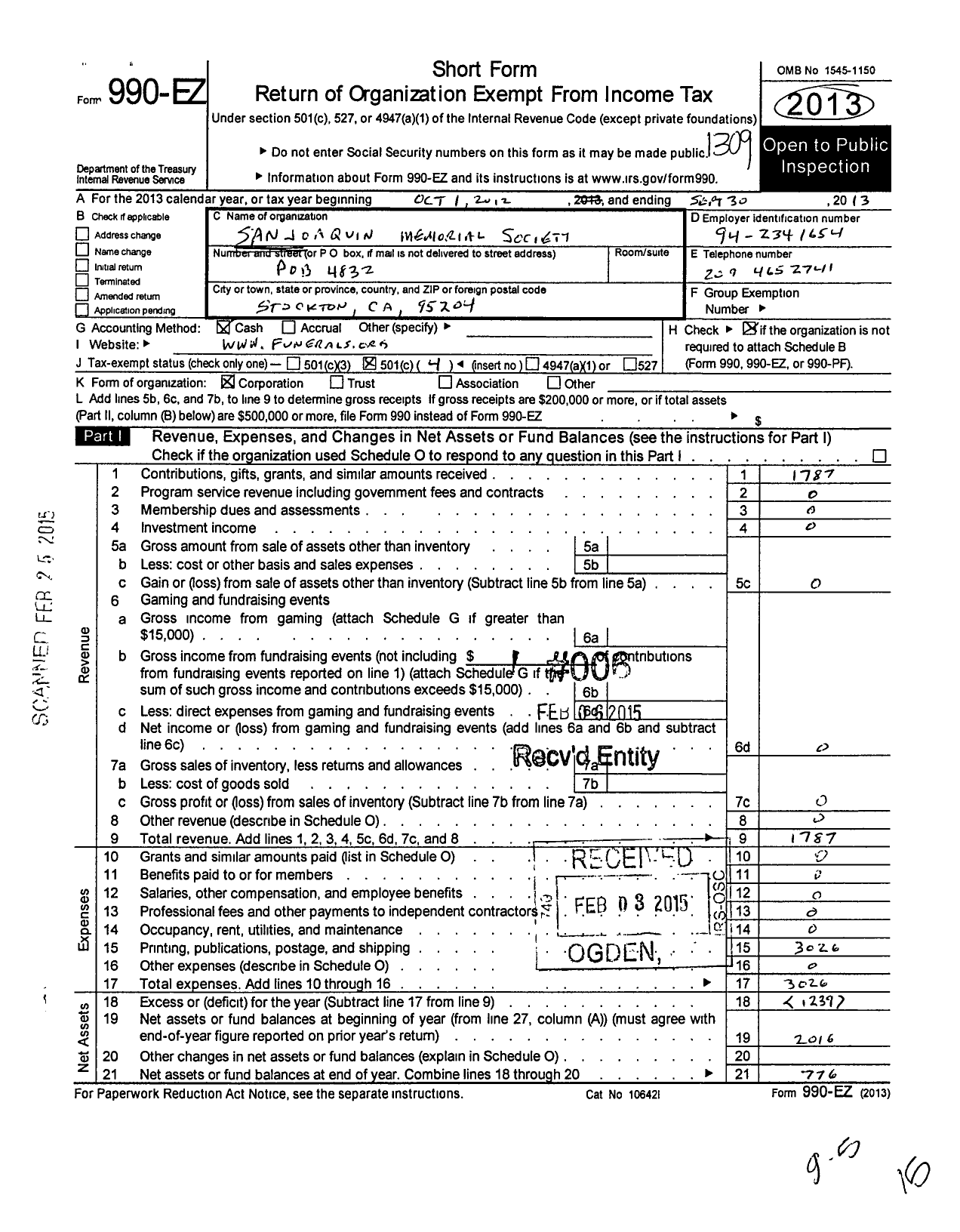 Image of first page of 2012 Form 990EO for Funeral Consumers Alliance of San Joaquin County and the Mother Lode