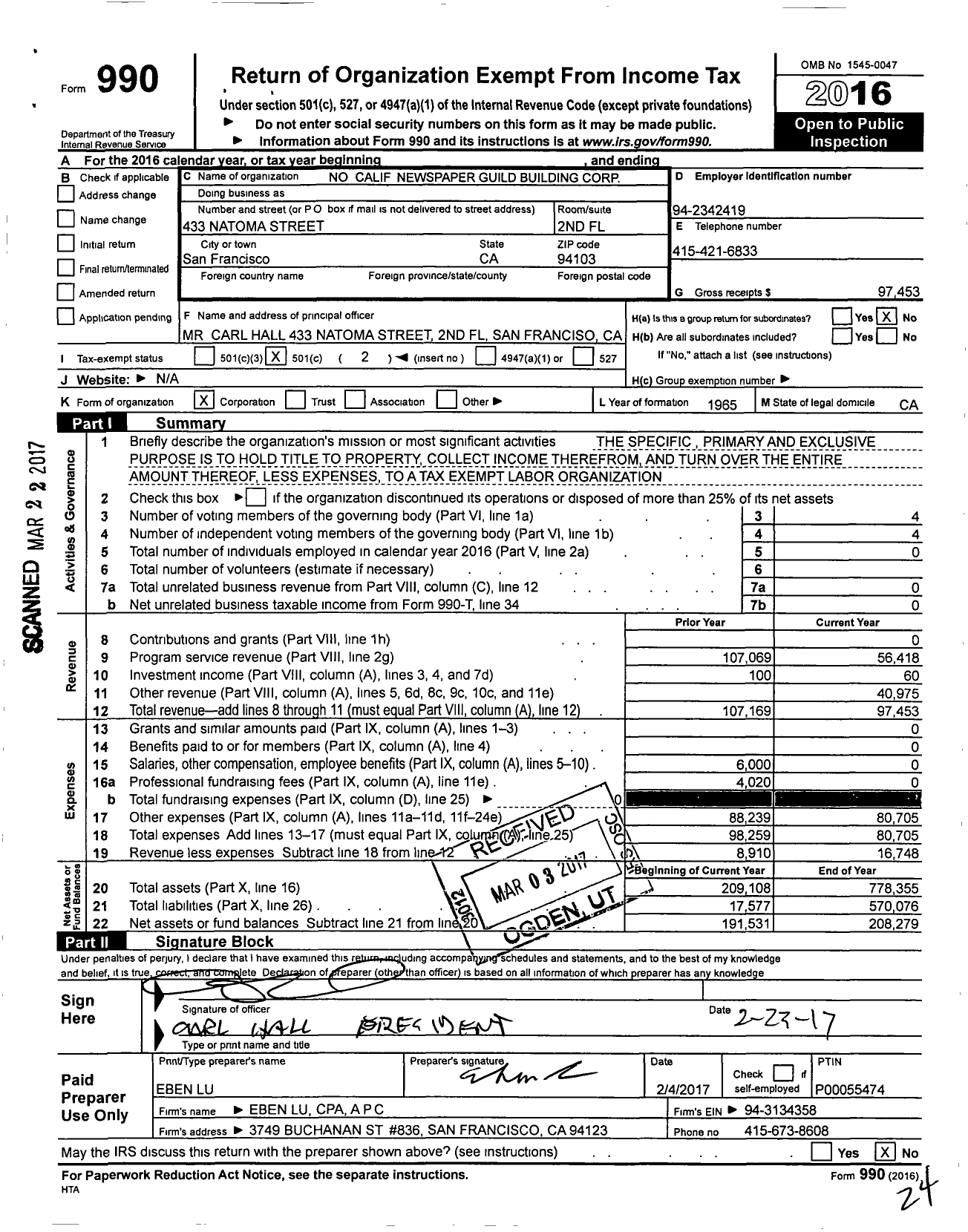 Image of first page of 2016 Form 990O for Northern California Newspaper Guild Building