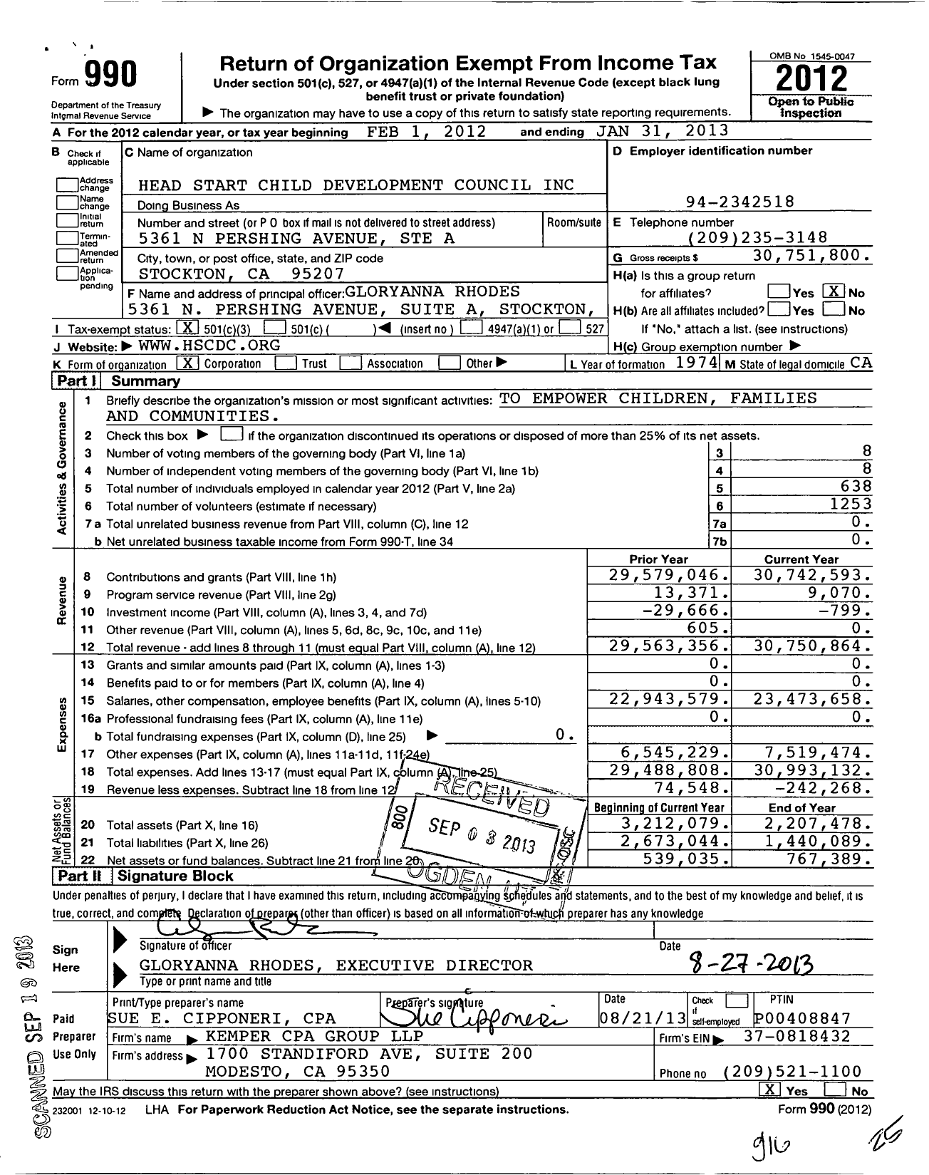 Image of first page of 2012 Form 990 for Head Start Child Development Council