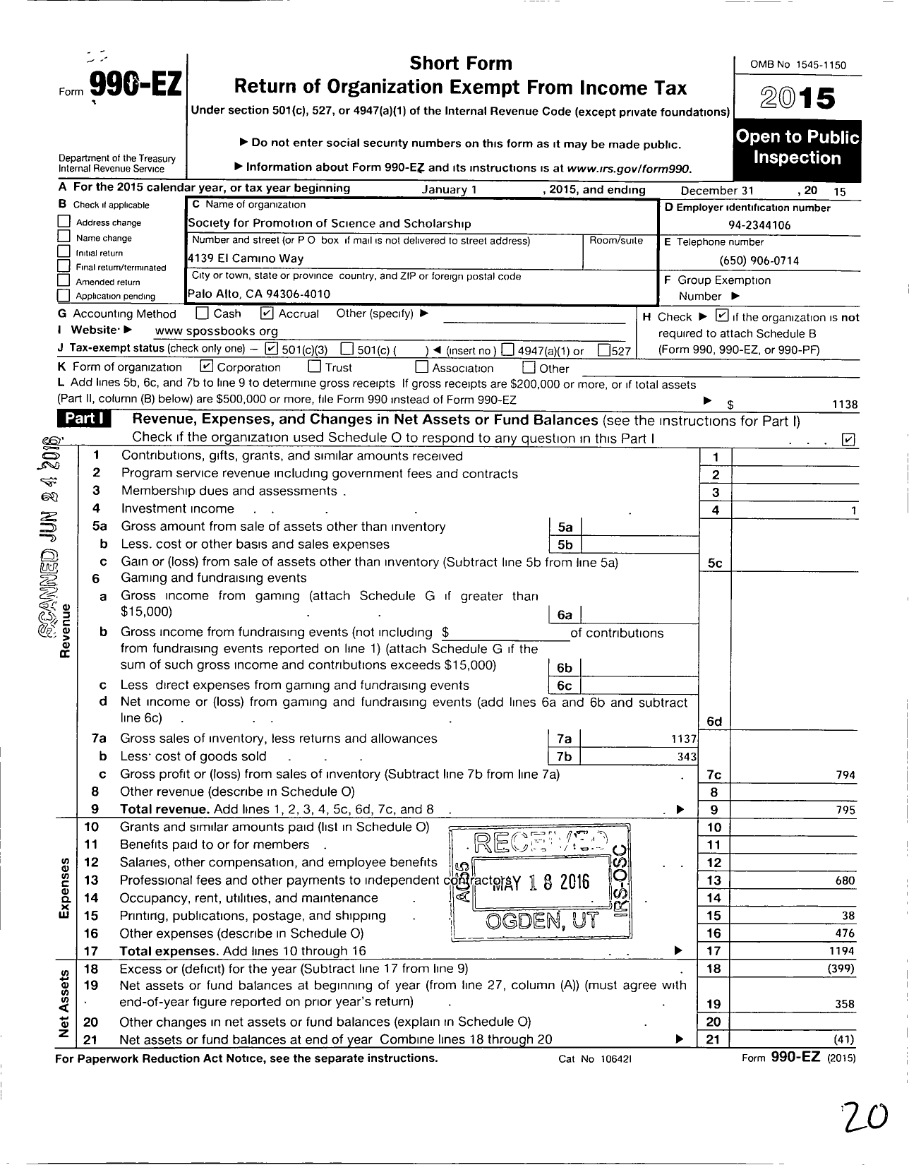 Image of first page of 2015 Form 990EZ for Society for the Promotion of Science and Scholarship