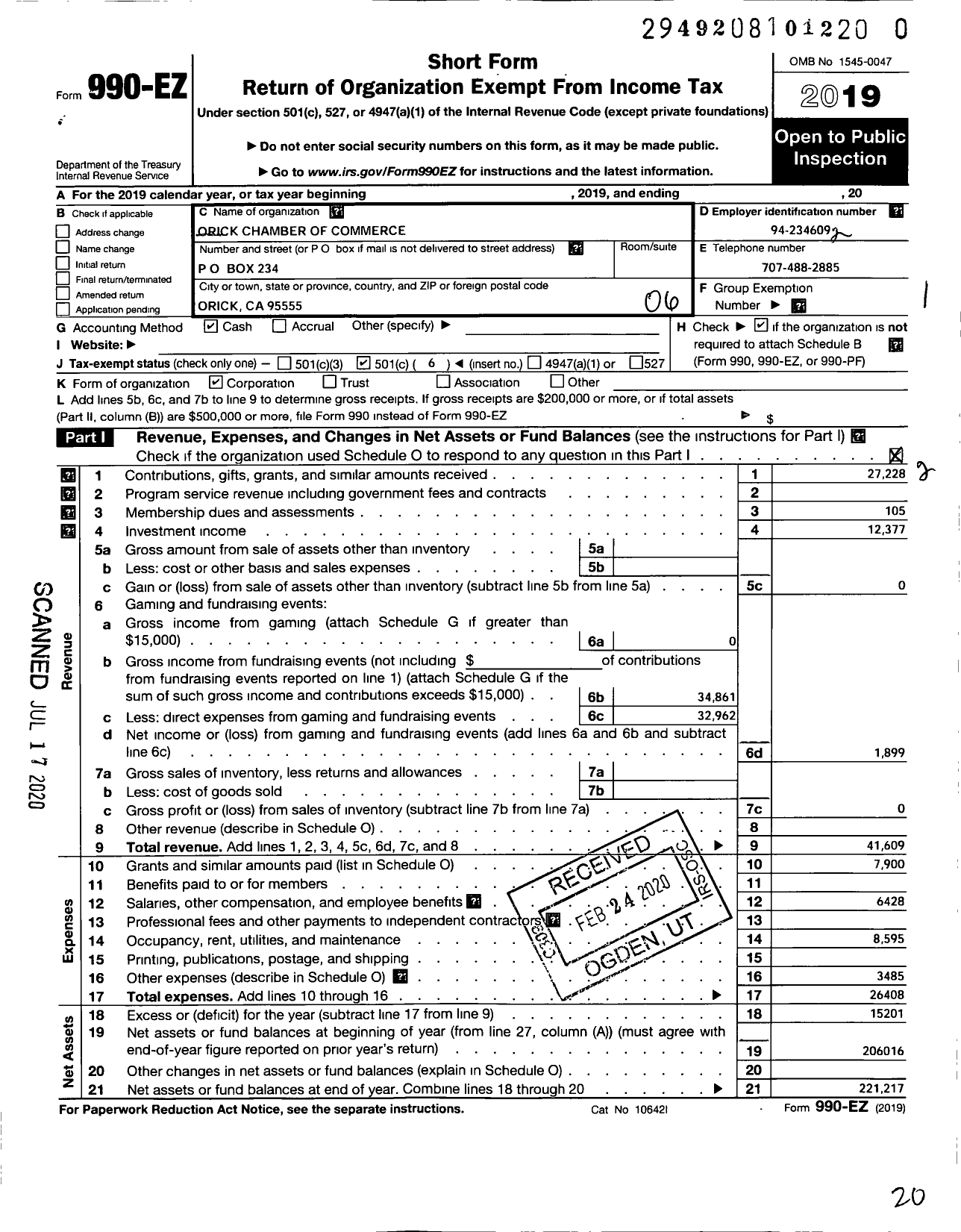 Image of first page of 2019 Form 990EO for Orick Chamber of Commerce