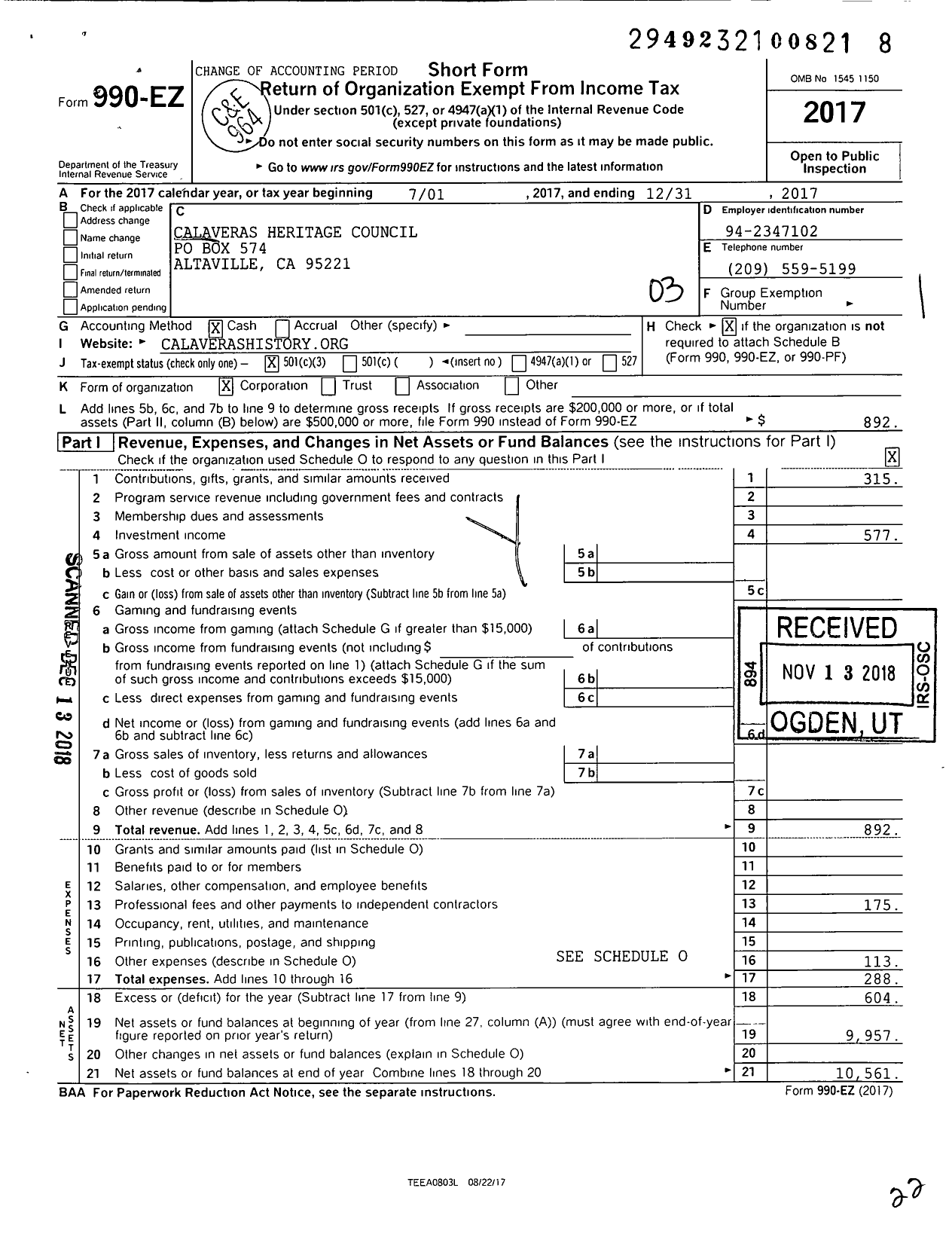 Image of first page of 2017 Form 990EZ for Calaveras Heritage Council