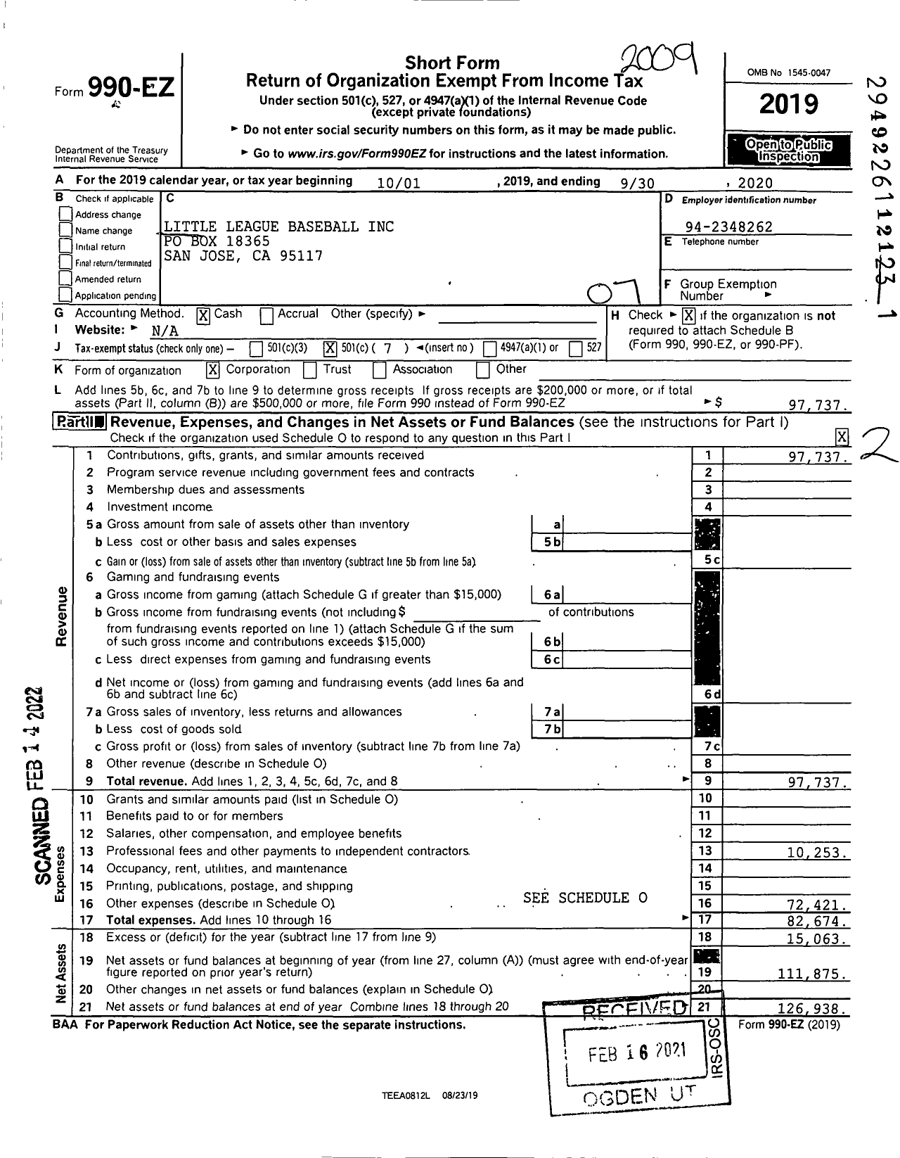 Image of first page of 2019 Form 990EO for Little League Baseball / 4051206 Branham Hills LL