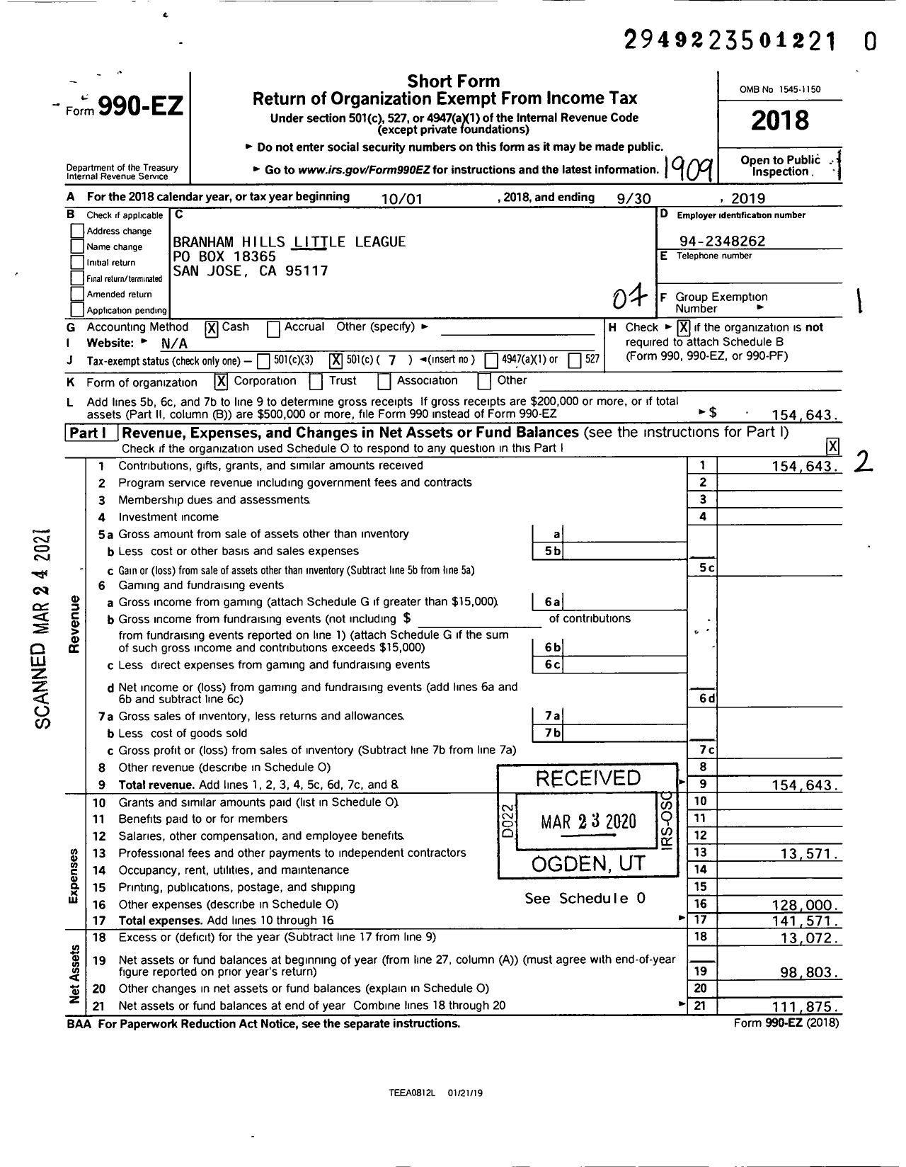 Image of first page of 2018 Form 990EO for Little League Baseball / 4051206 Branham Hills LL