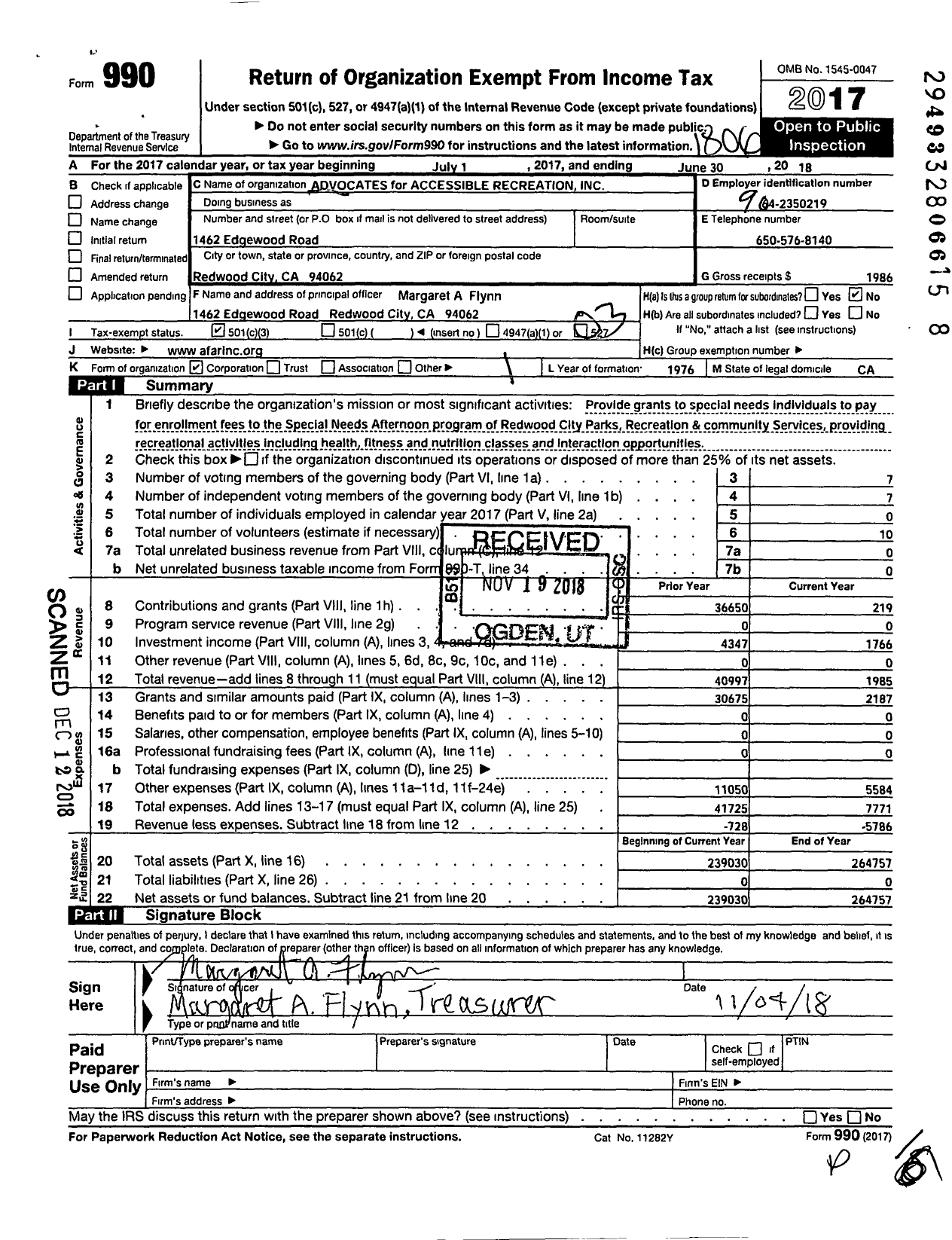 Image of first page of 2017 Form 990 for Advocates for Accessible Recreation