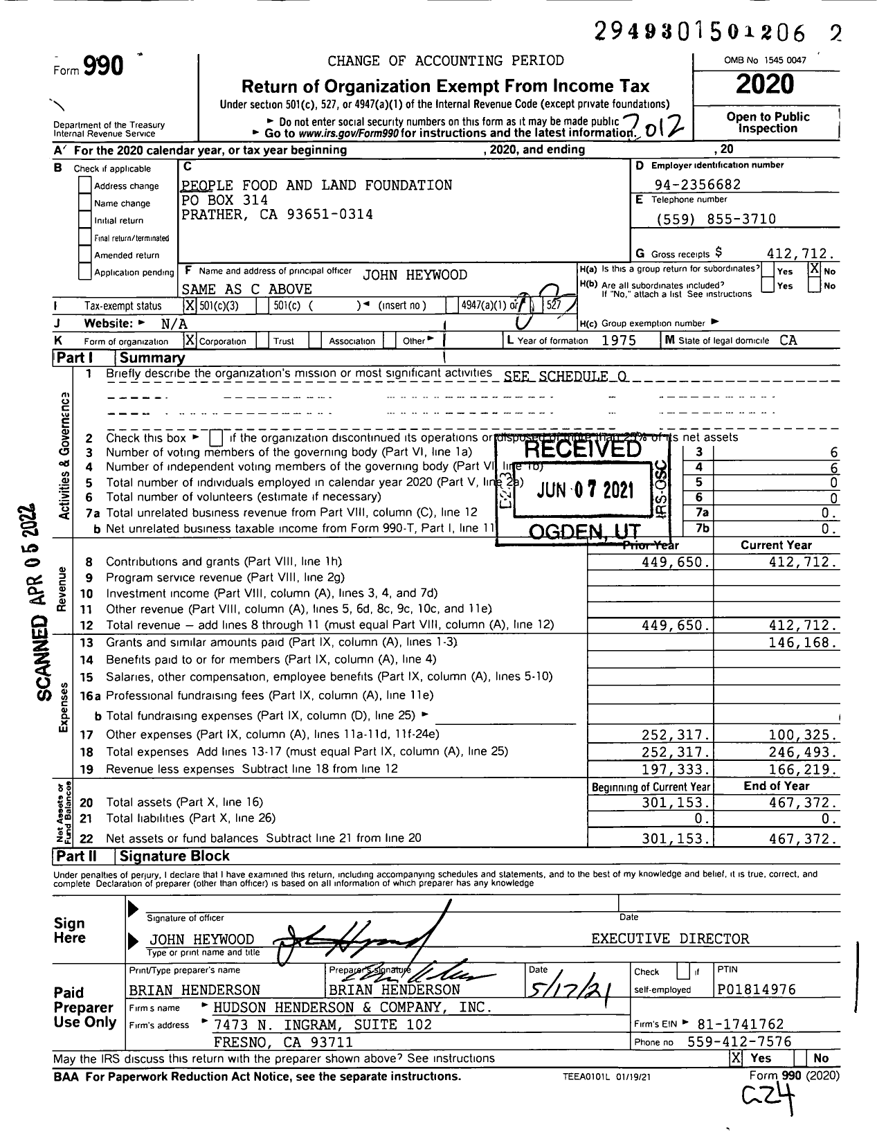 Image of first page of 2020 Form 990 for People Food and Land Foundation