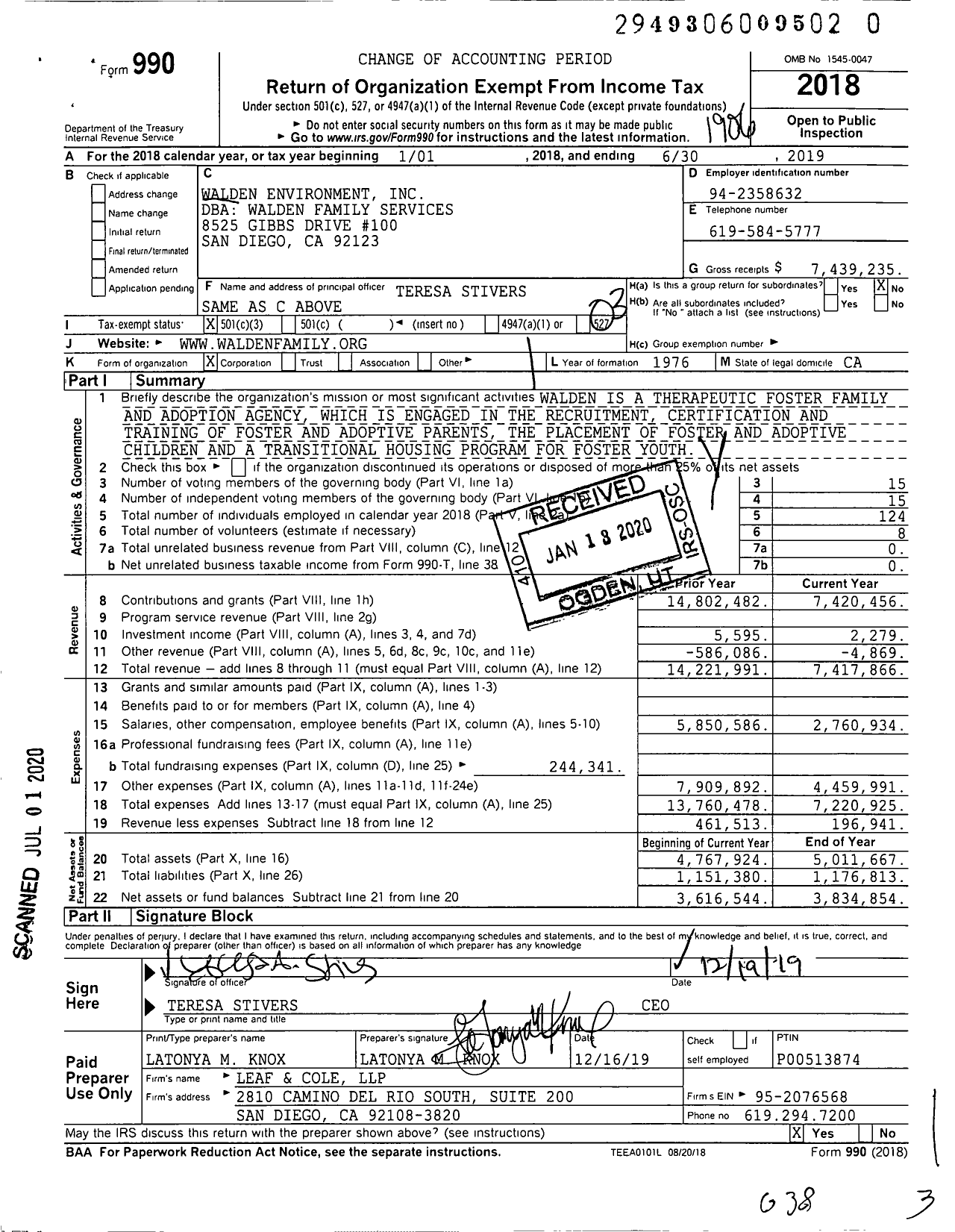 Image of first page of 2018 Form 990 for Walden Family Services