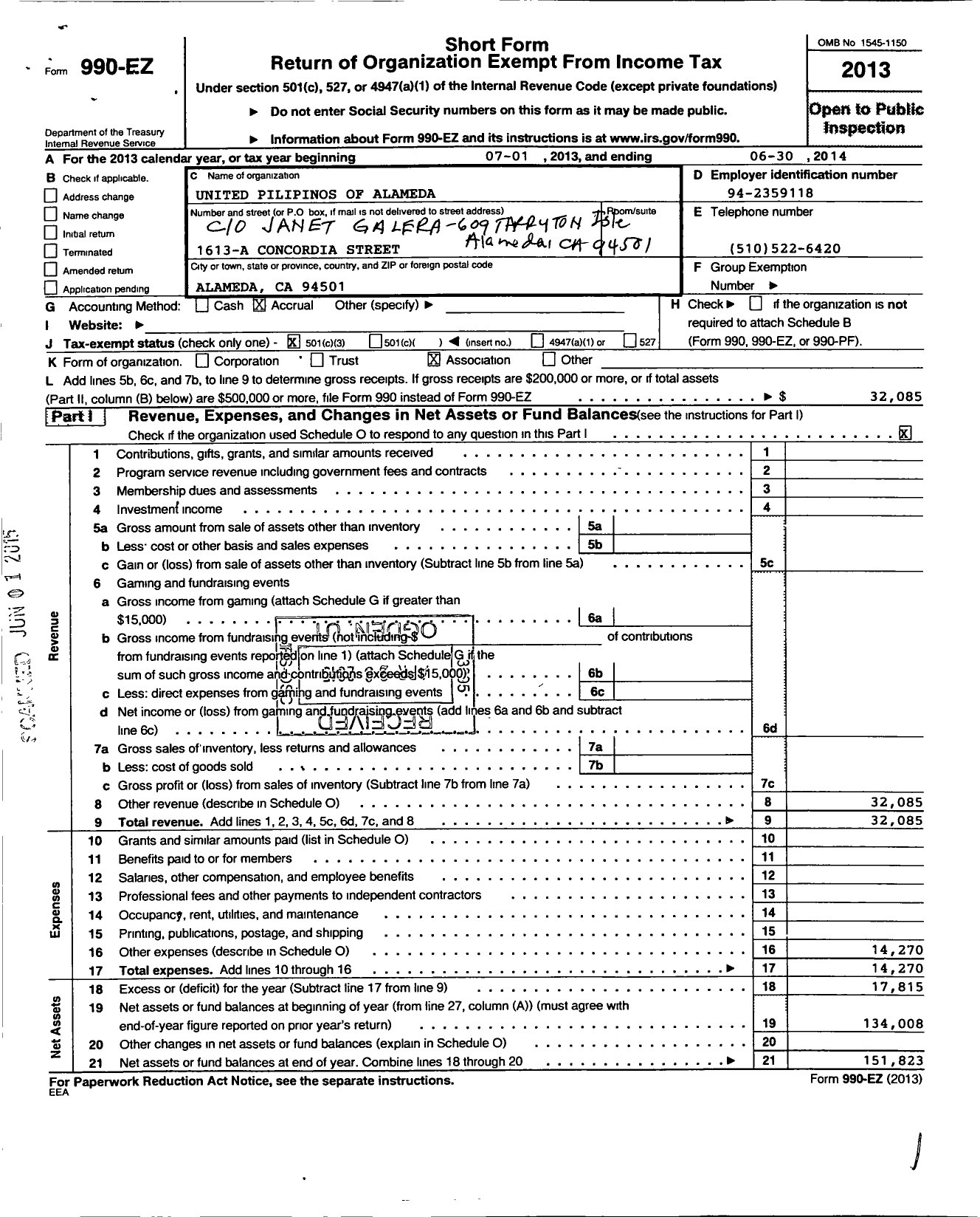 Image of first page of 2013 Form 990EZ for United Pilipinos of Alameda