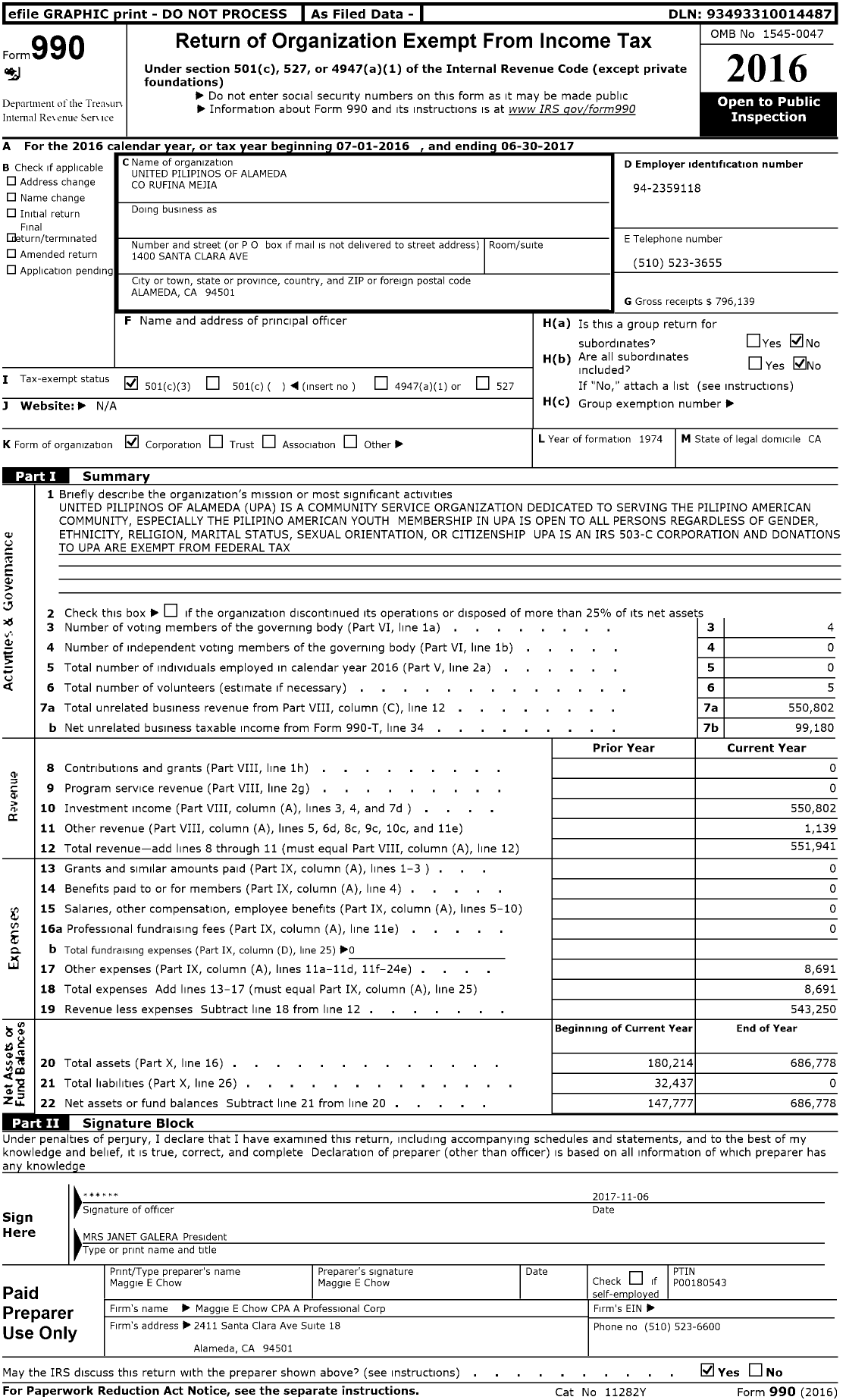 Image of first page of 2016 Form 990 for United Pilipinos of Alameda