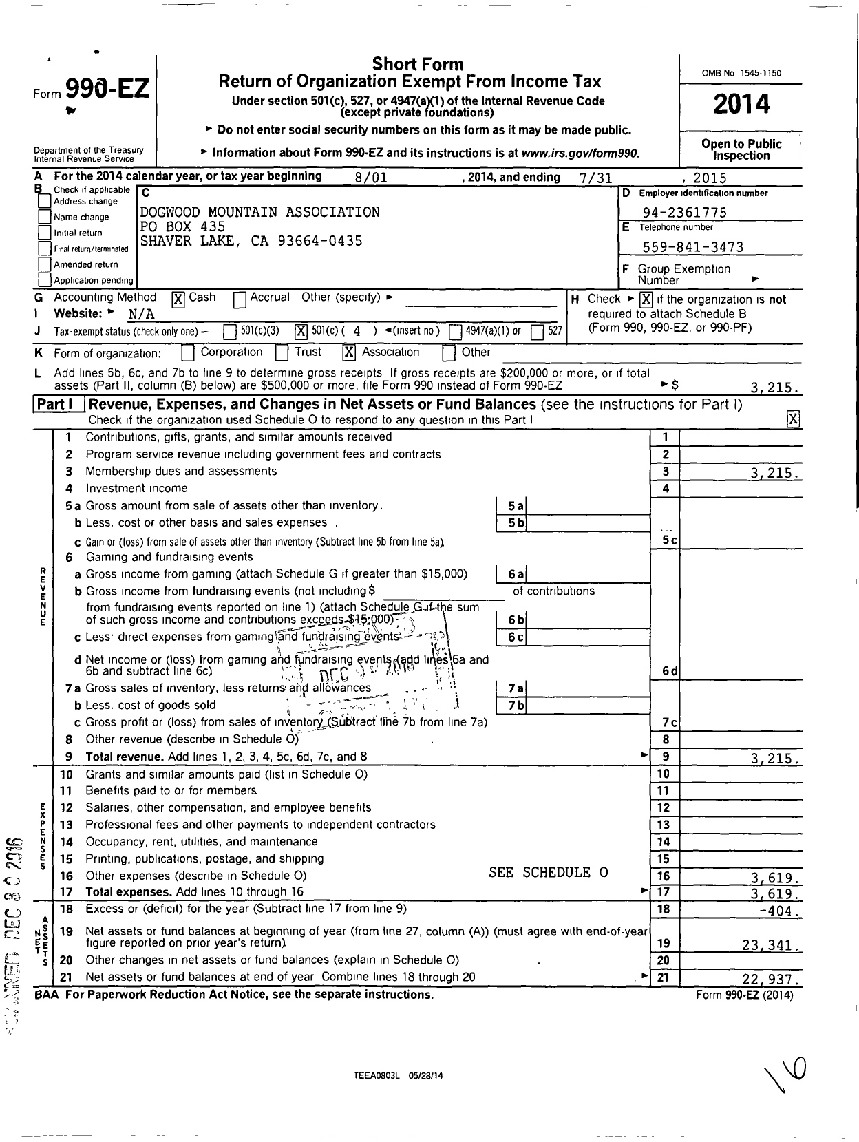 Image of first page of 2014 Form 990EO for Dogwood Mountain Association