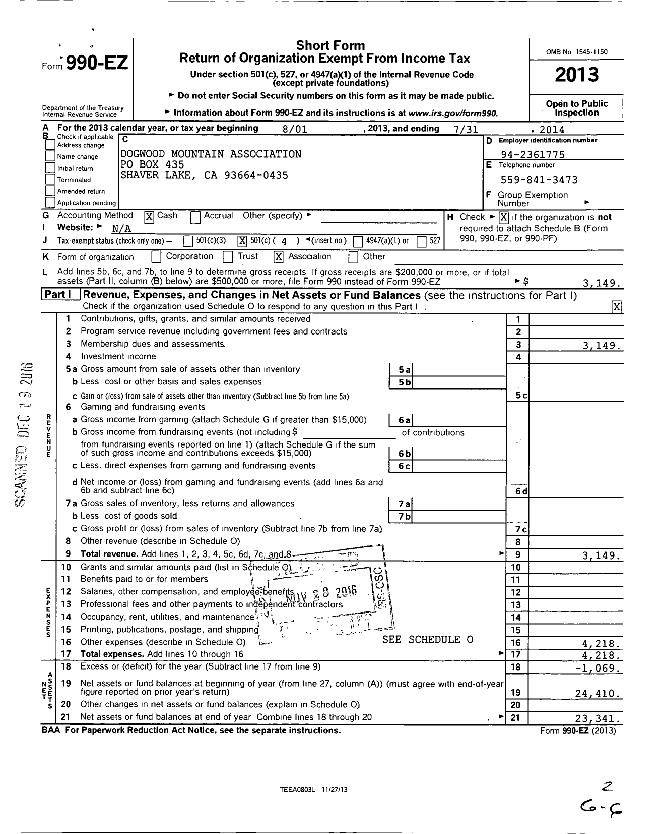 Image of first page of 2013 Form 990EO for Dogwood Mountain Association