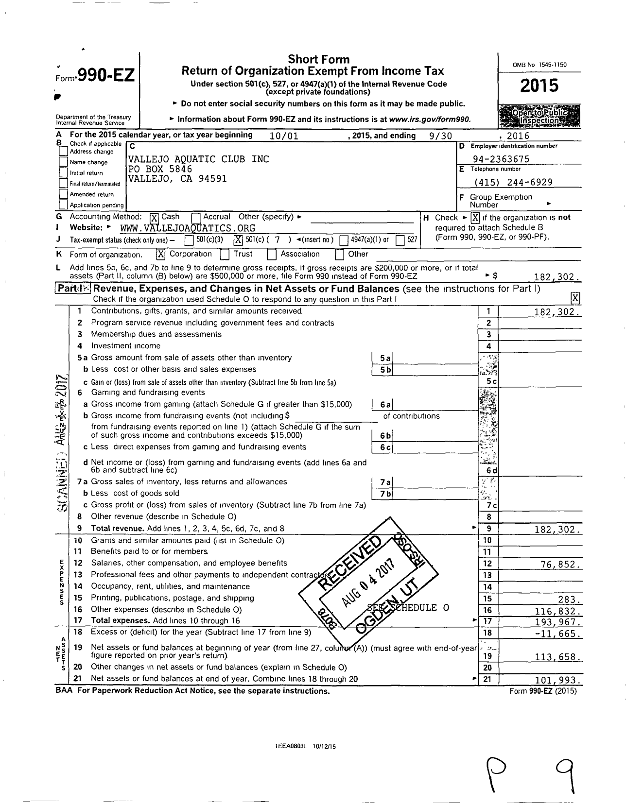 Image of first page of 2015 Form 990EO for Vallejo Aquatic Club