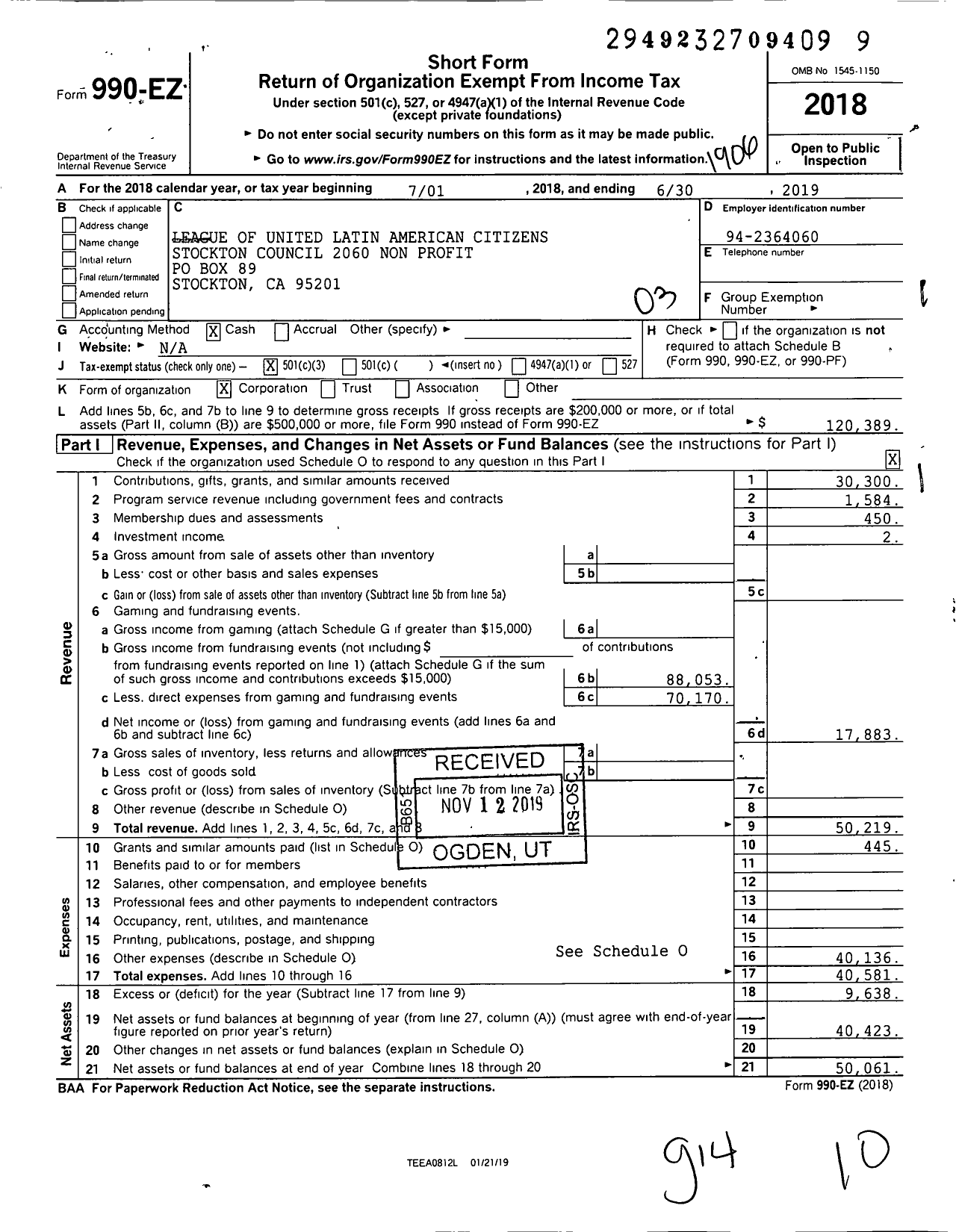 Image of first page of 2018 Form 990EZ for LULAC Stockton Council 2060