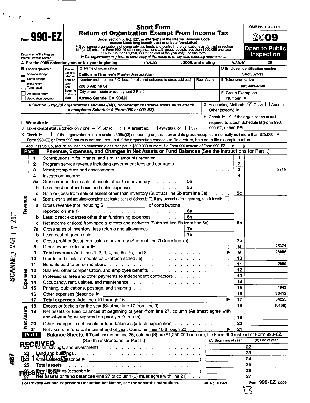 Image of first page of 2009 Form 990EZ for California Firemens Muster Association