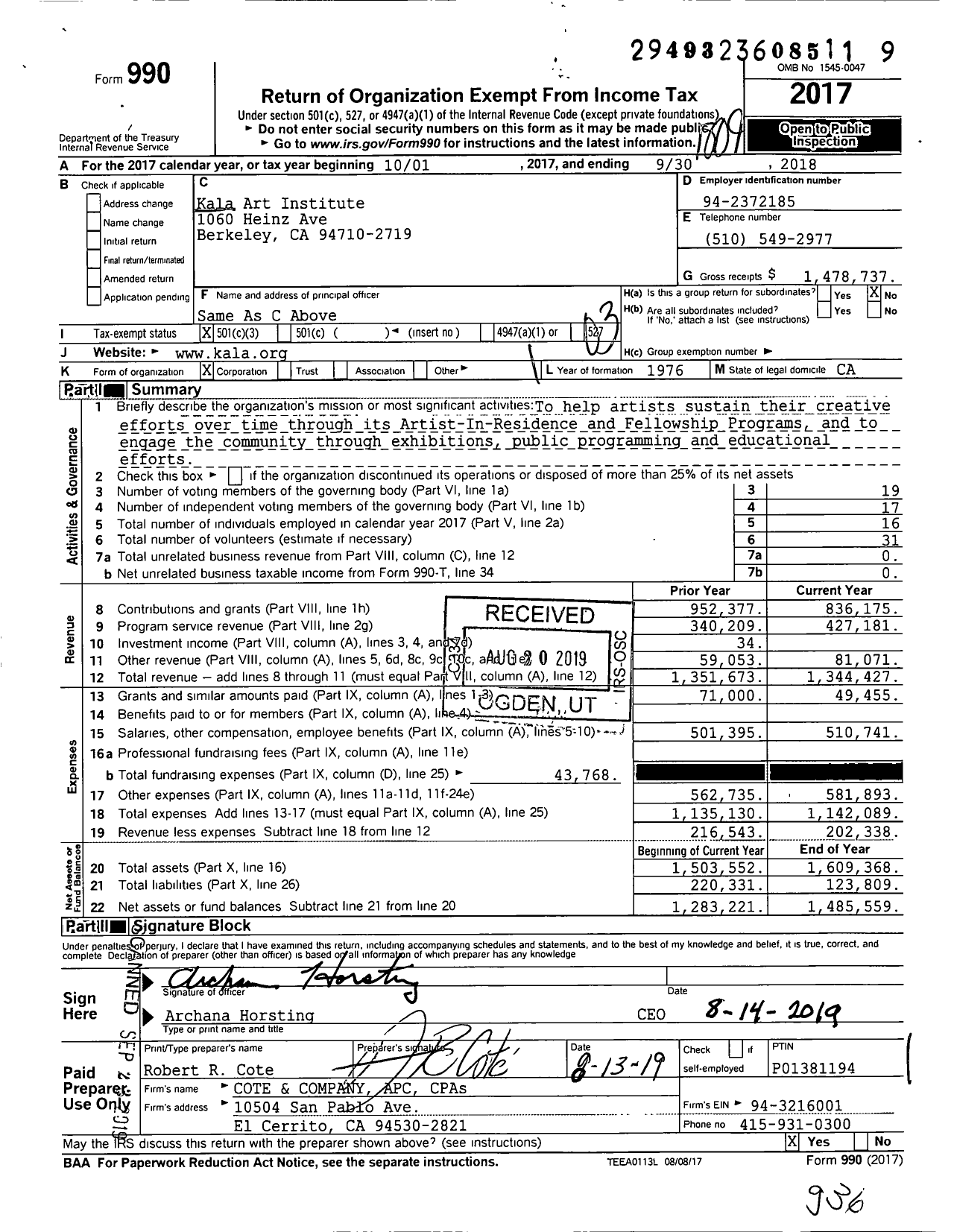 Image of first page of 2017 Form 990 for Kala Art Institute