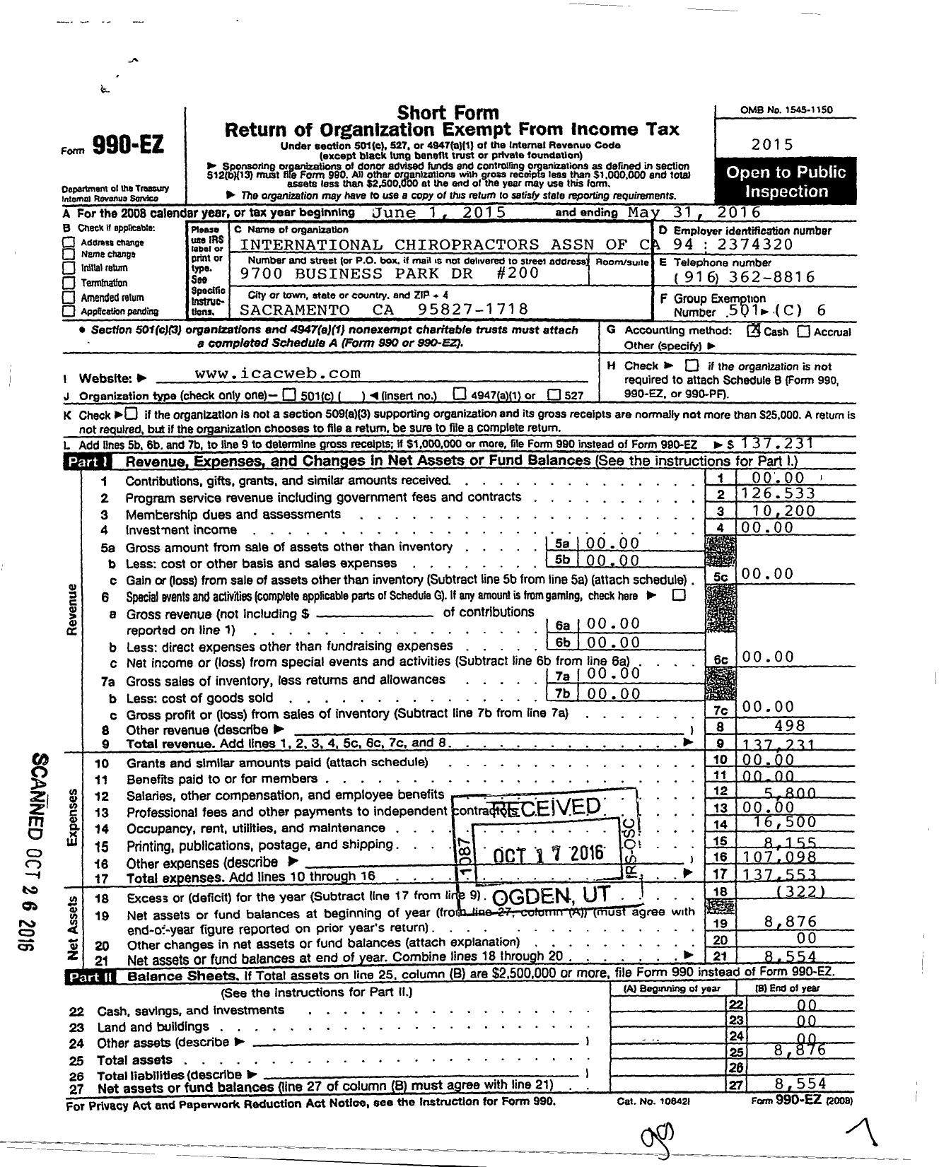 Image of first page of 2015 Form 990EO for International Chiropractors Association of California