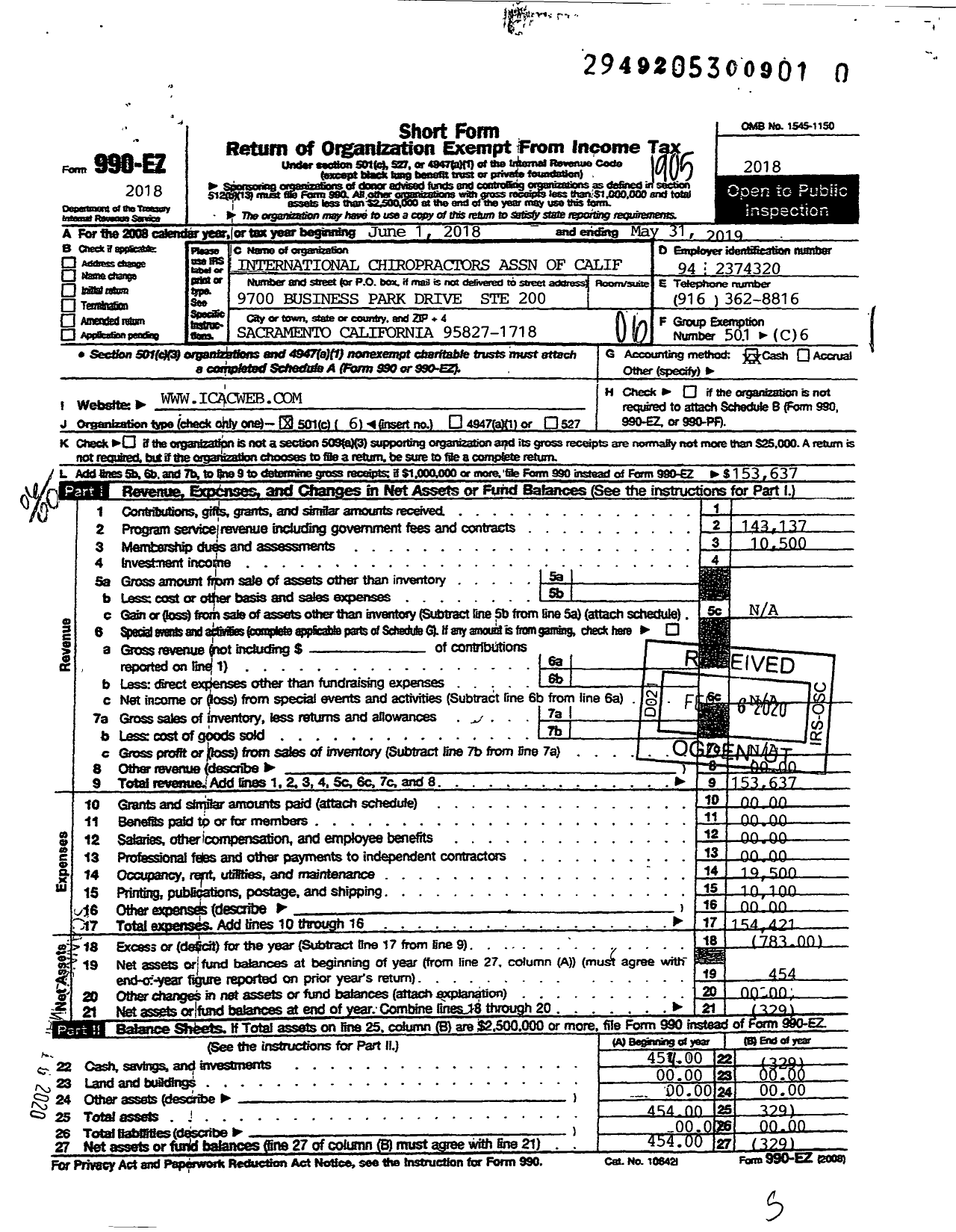 Image of first page of 2018 Form 990EO for International Chiropractors Association of California