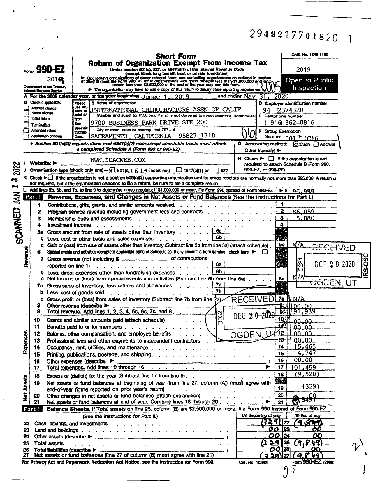 Image of first page of 2019 Form 990EO for International Chiropractors Association of California