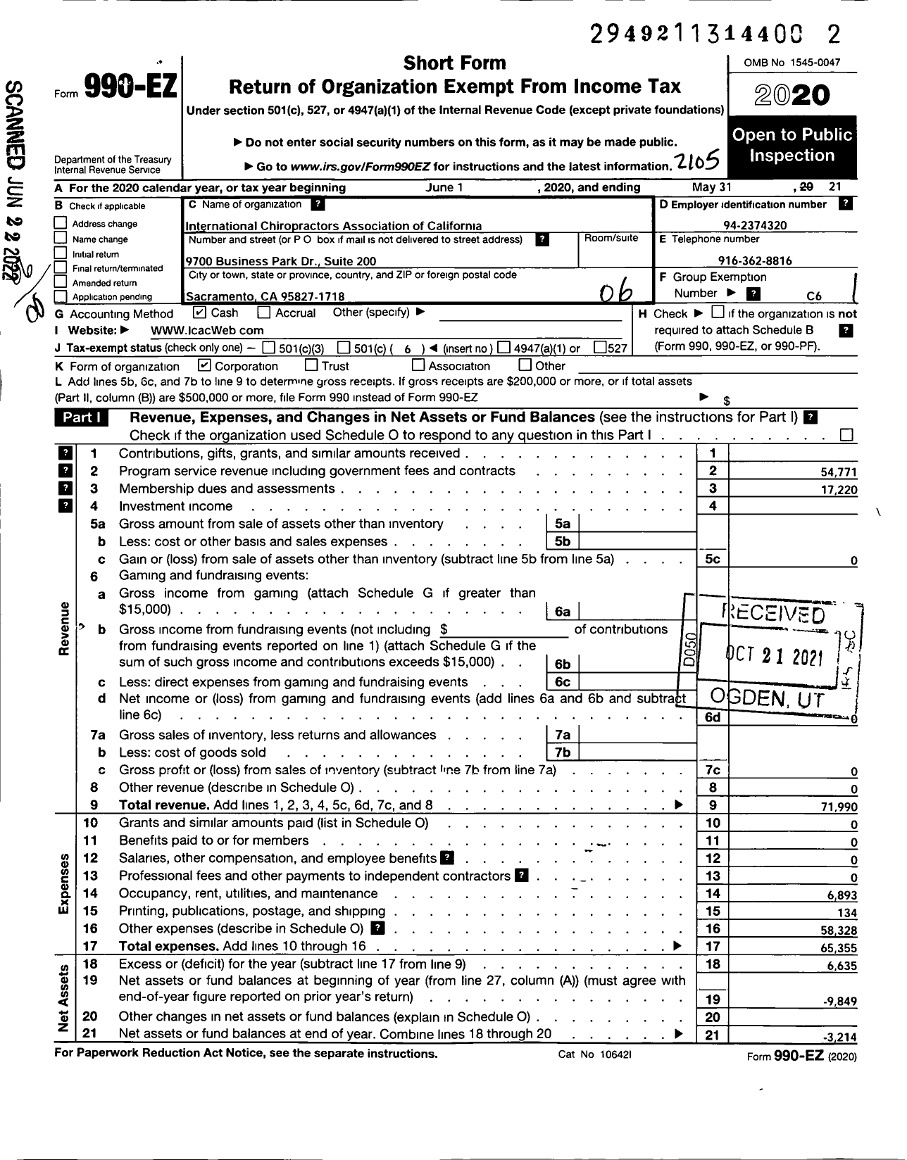 Image of first page of 2020 Form 990EO for International Chiropractors Association of California