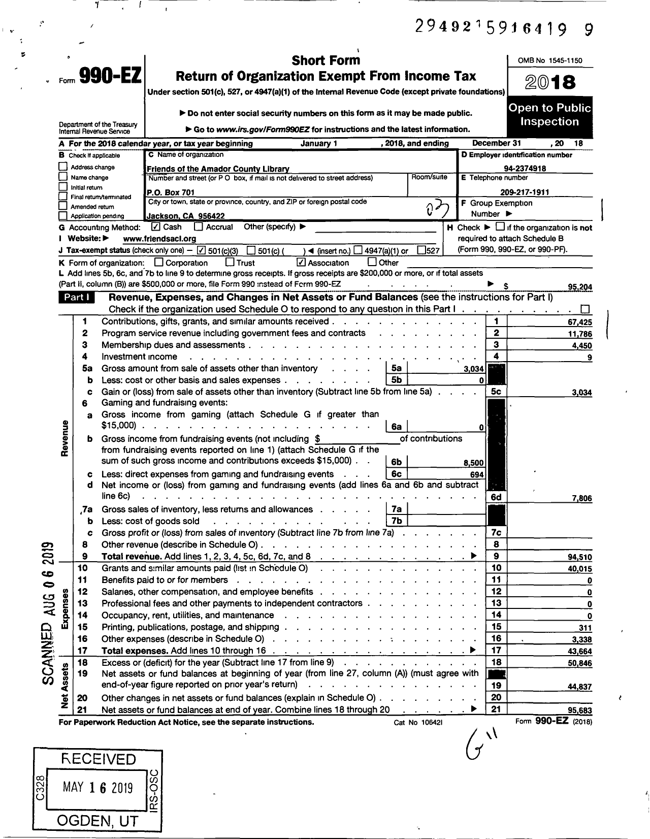 Image of first page of 2018 Form 990EZ for Friends of the Amador County Library